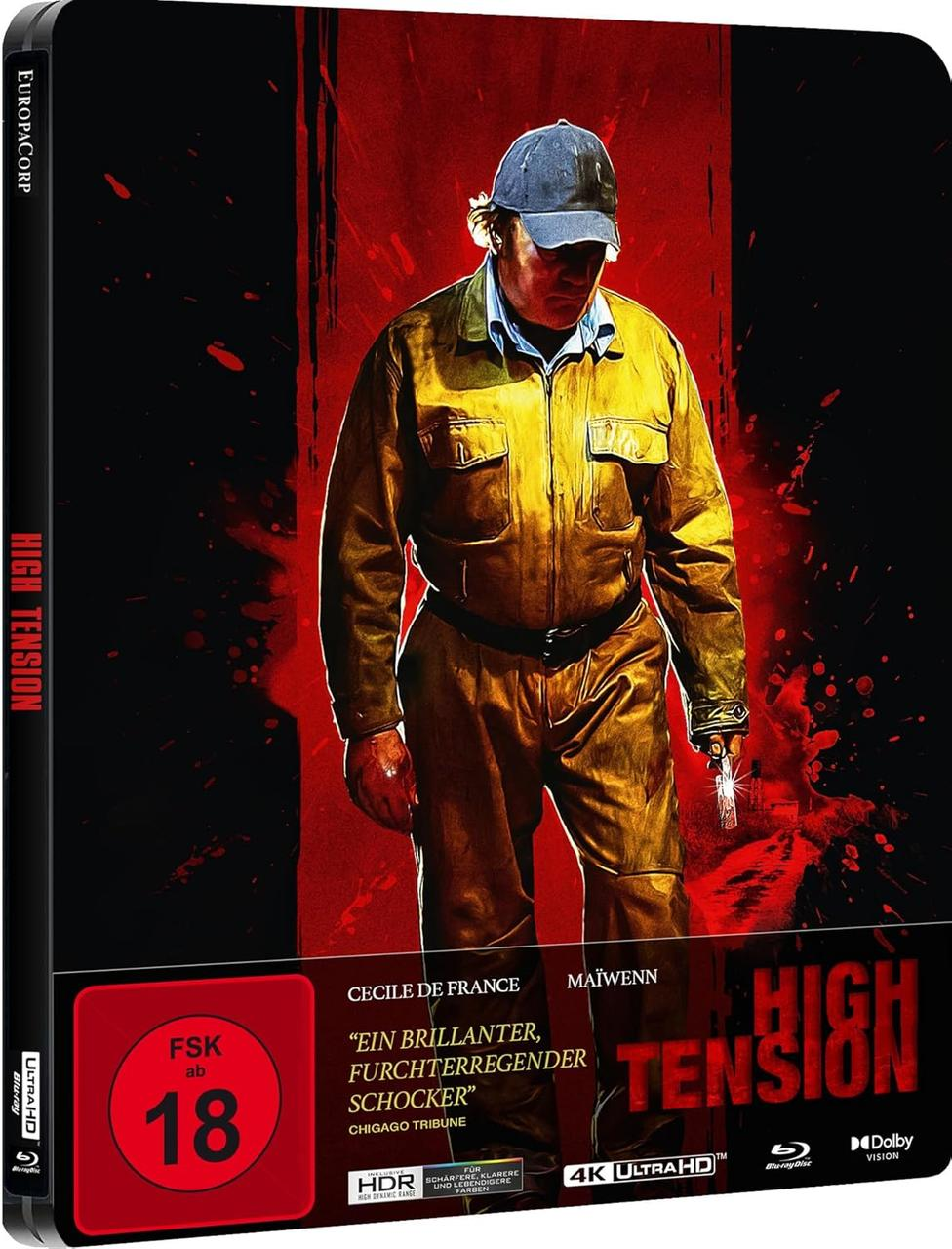 Filmcover: Eine Person in gelbem Overall und Mütze. Der Titel lautet High Tension. Enthält FSK 18-Bewertung und Ultra HD-Logo.
