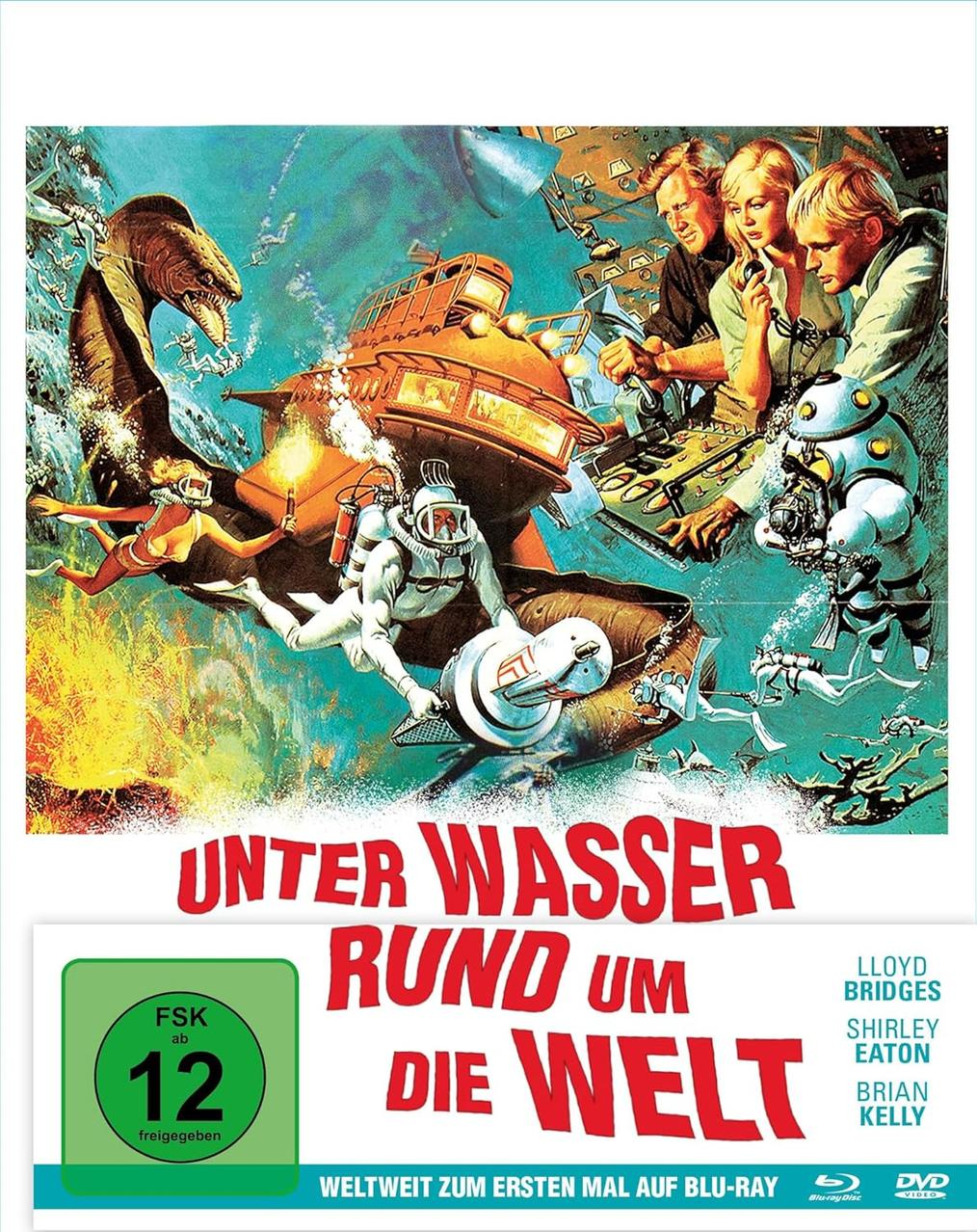 Poster für "Unter Wasser Rund um die Welt". Enthält Taucher, ein U-Boot und Meeresbewohner. Text auf Deutsch.