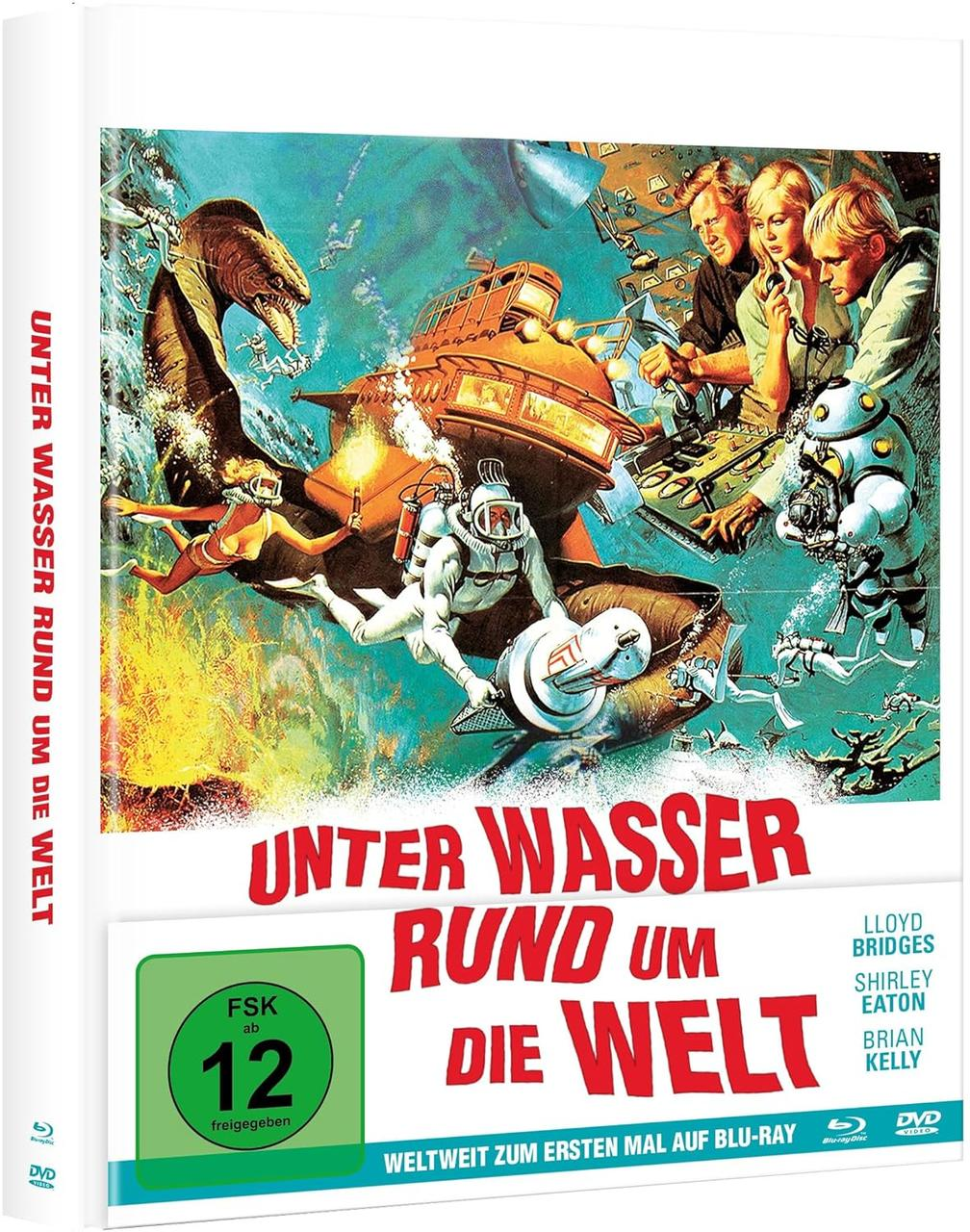 Filmplakat: Unterwasserszene mit Tauchern, Kreaturen und einem U-Boot. Text auf Deutsch: Unter Wasser Rund um die Welt.