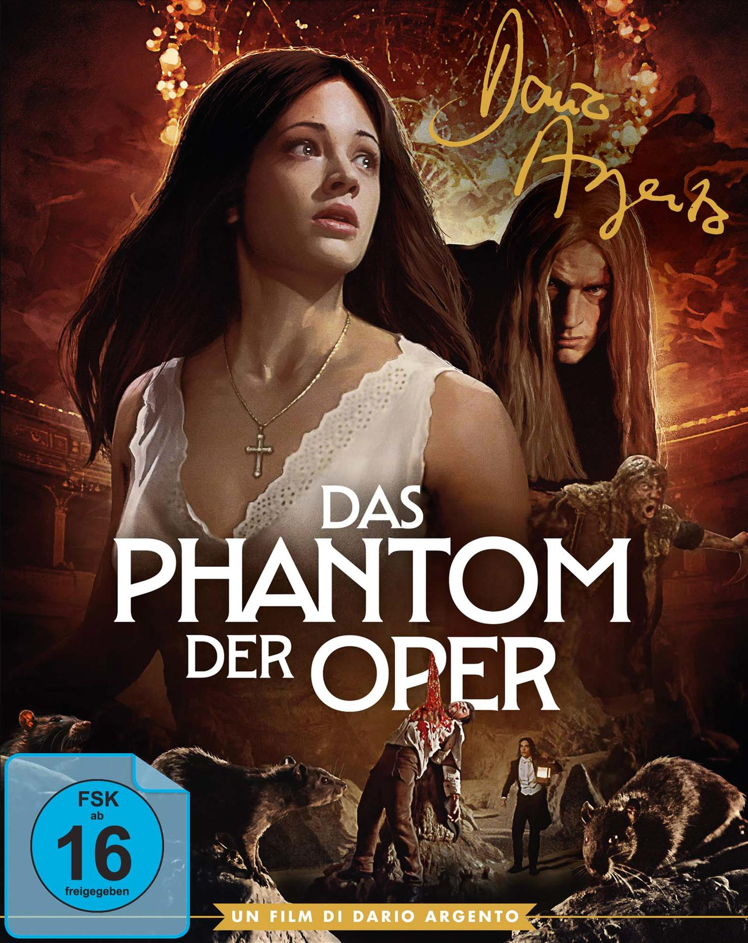 Filmposter. Eine Frau blickt nach oben, Titel "Das Phantom der Oper", Figuren im Hintergrund, Ratten unten und ein Bewertungssymbol.