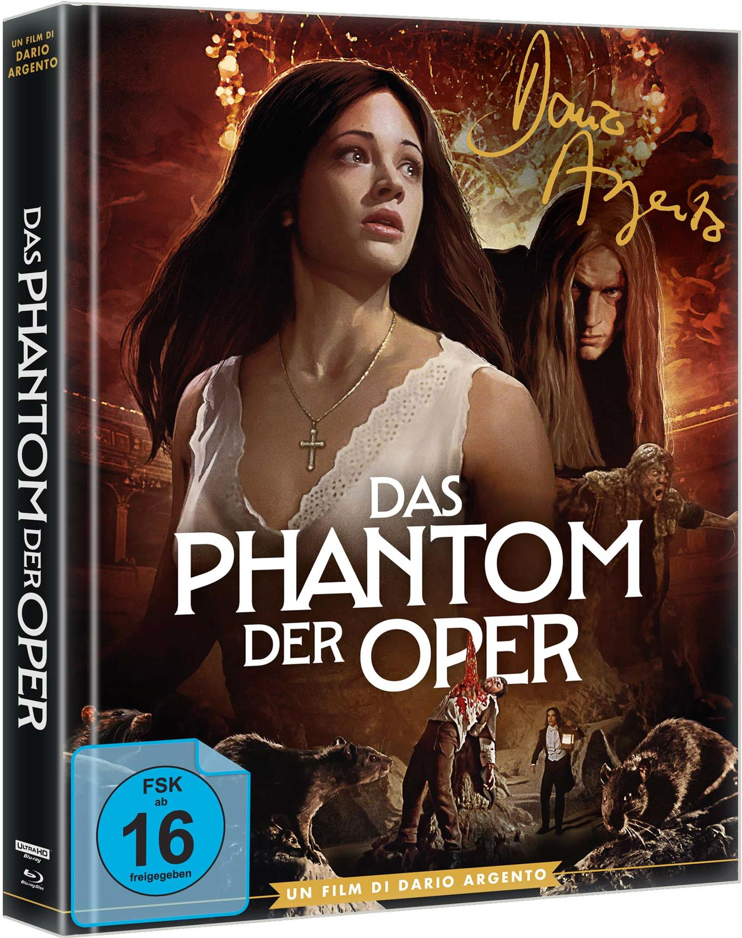 Ein Filmcover mit einer Frau, einem Mann und dem Titel 'Das Phantom der Oper'. Blut und Ratten sind ebenfalls sichtbar.