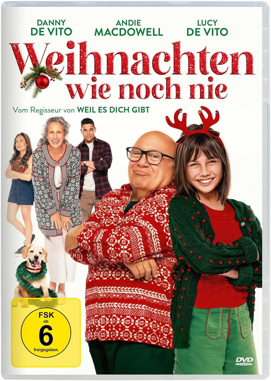 Filmposter mit Schauspielern. Danny DeVito und ein Mädchen tragen Weihnachtspullover. Der Titel lautet 'Weihnachten wie noch nie'.