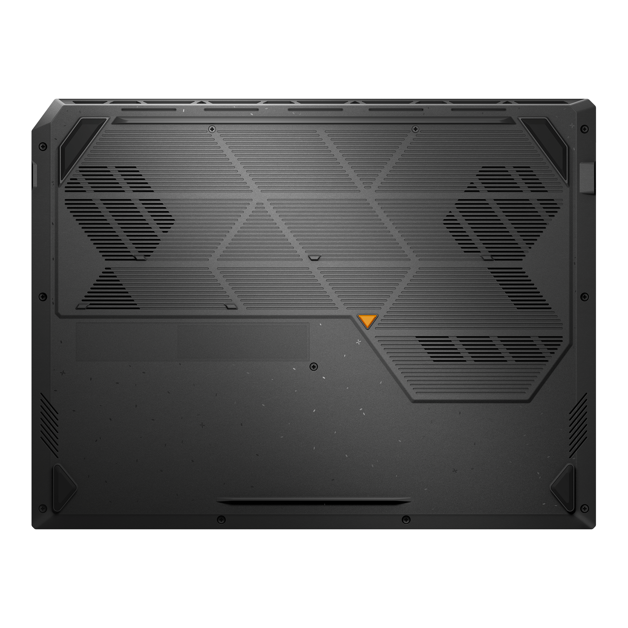Base de laptop noire avec grilles d'aération, motifs géométriques et un triangle orange. Le fond est noir.