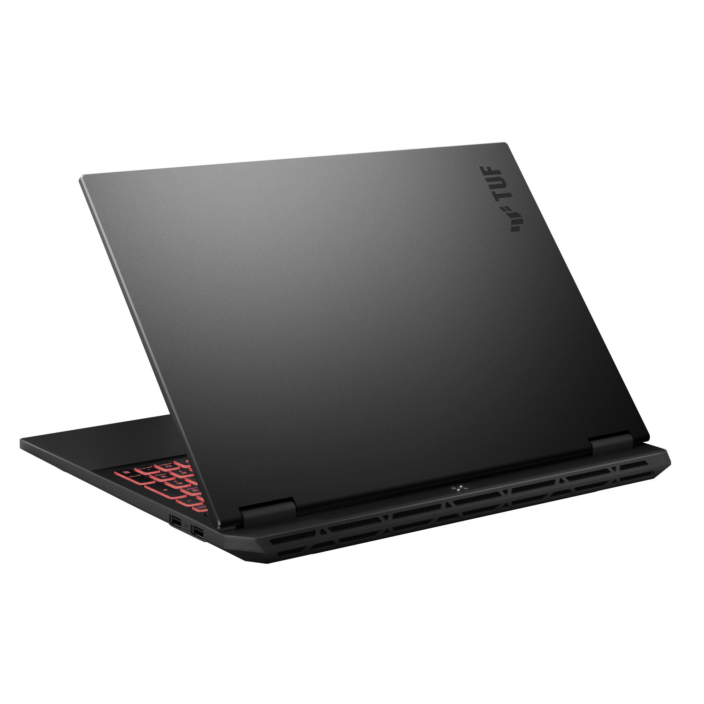 Un ordinateur portable noir est légèrement ouvert, révélant un clavier rétroéclairé rouge. Fond noir.