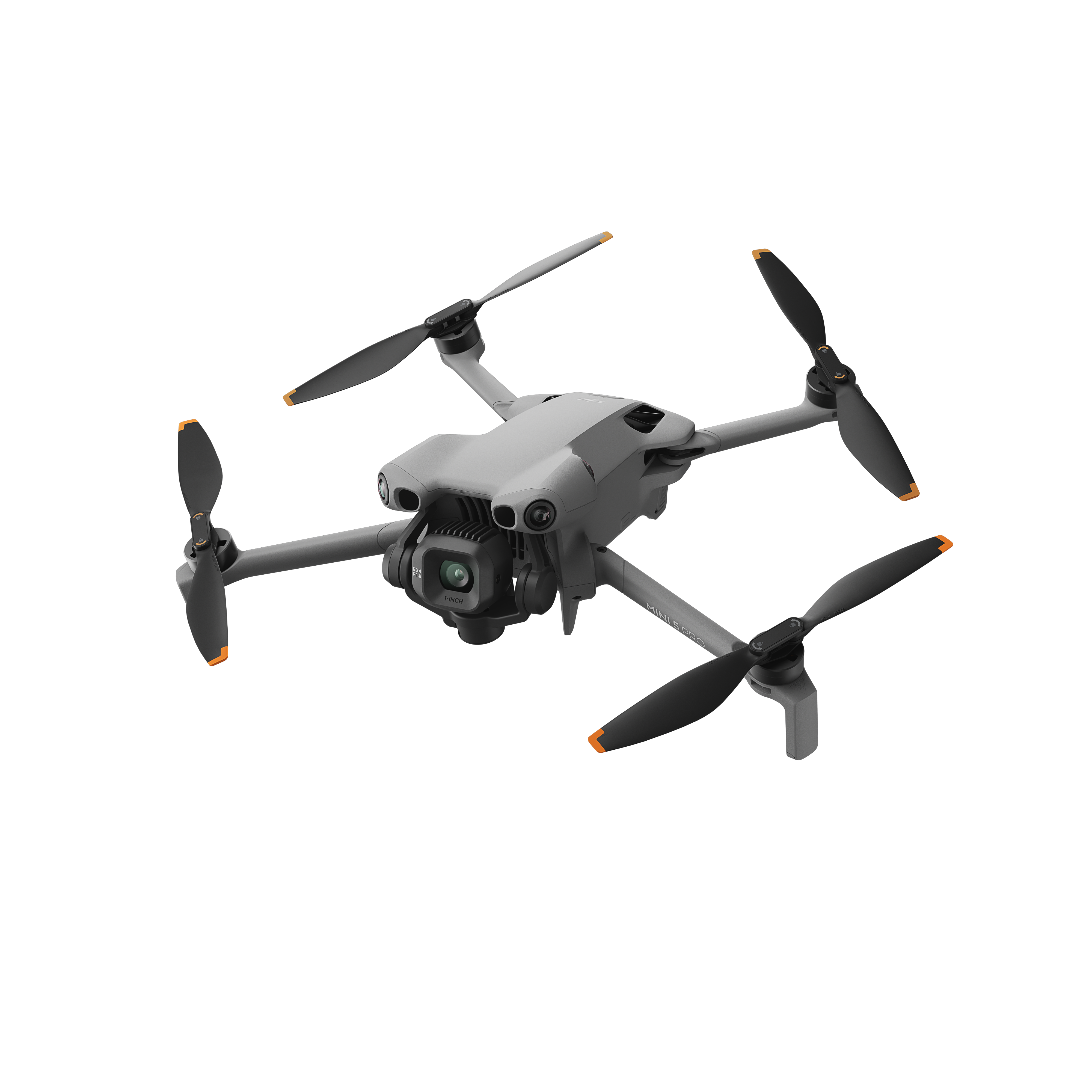 Siyah pervaneleri ve turuncu uçları olan gri bir drone, beyaz bir arka plan üzerinde ortalanmıştır.