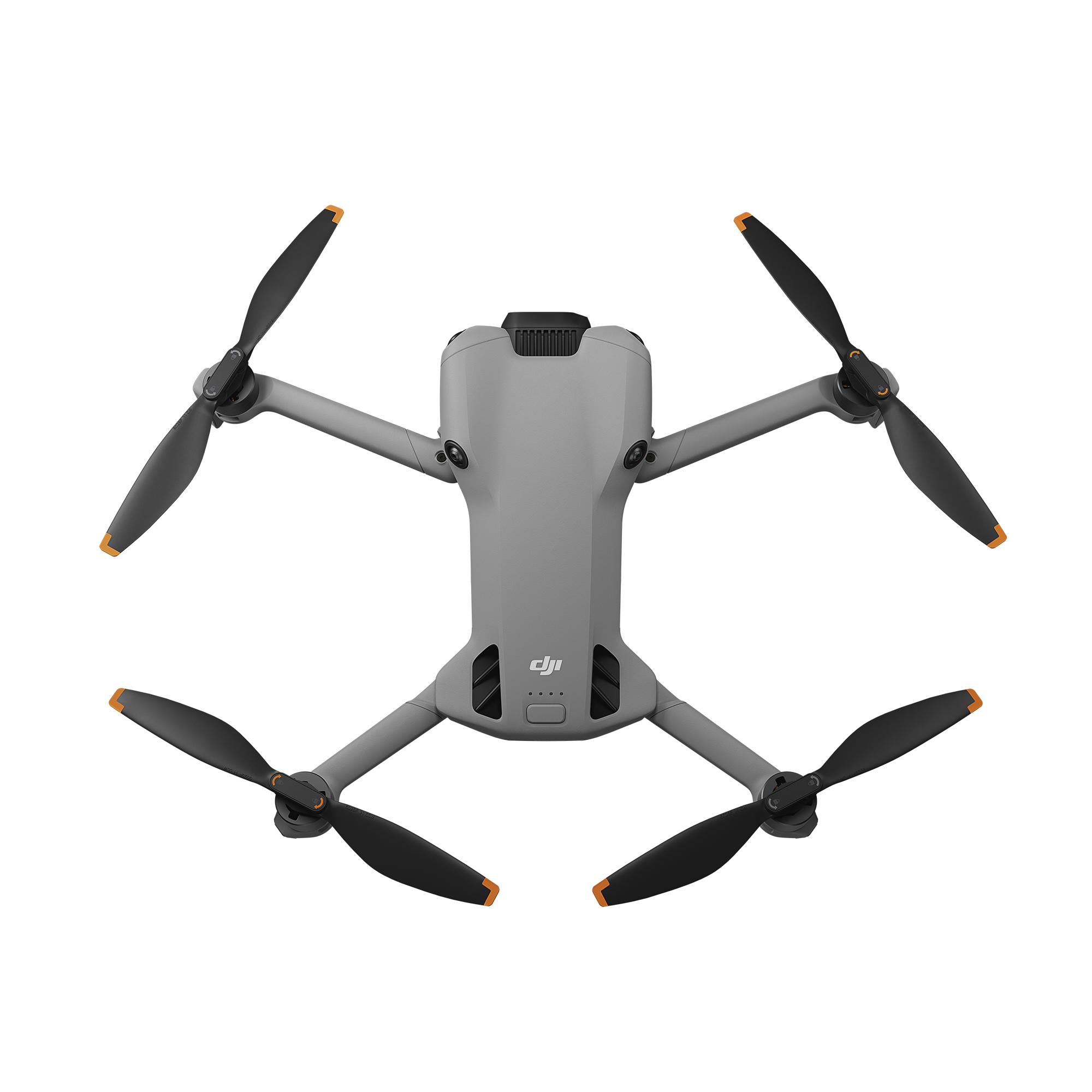 Siyah pervaneli, turuncu uçlu ve DJI logolu gri bir drone. Desenli bir arka plan üzerinde ortalanmıştır.