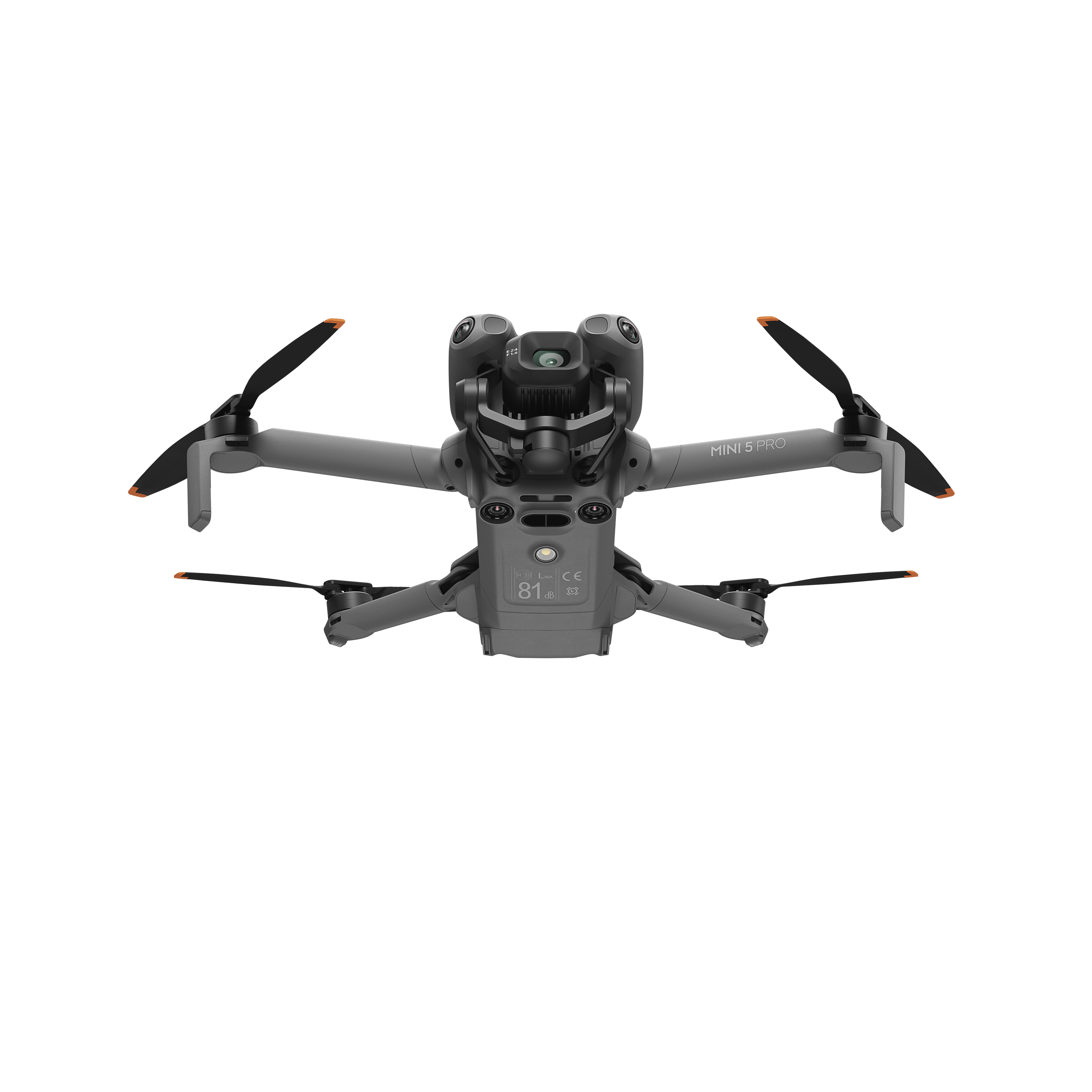 Siyah pervaneleri ve turuncu uçları olan gri bir drone, beyaz bir zemin üzerinde ortalanmıştır. Drone'nun kameraları var.
