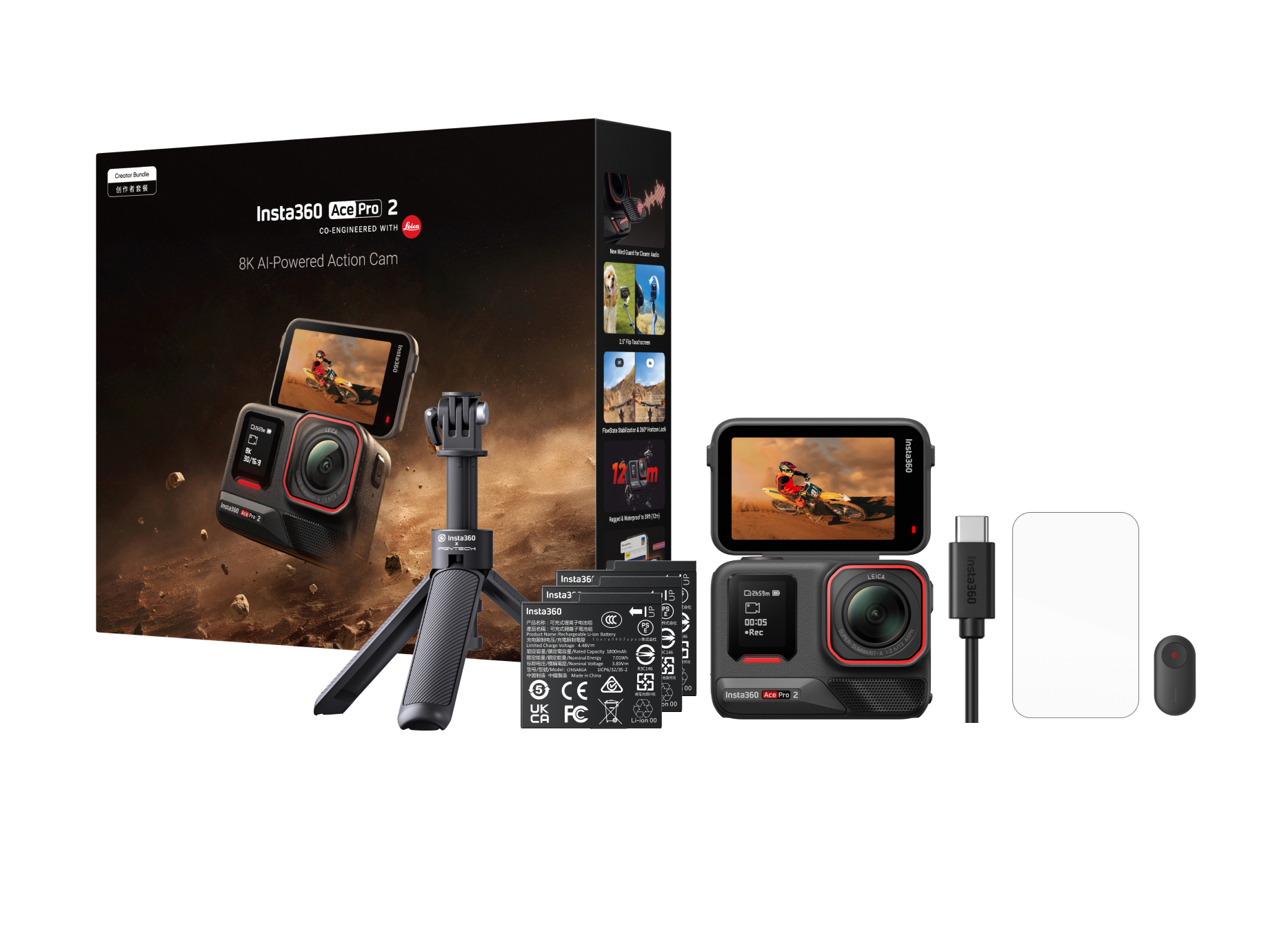Insta360 Ace Pro 2 Action-Kamera-Set. Enthält Kamera, Zubehör und Verpackung mit Produktdetails und Motorrad auf dem Bildschirm.