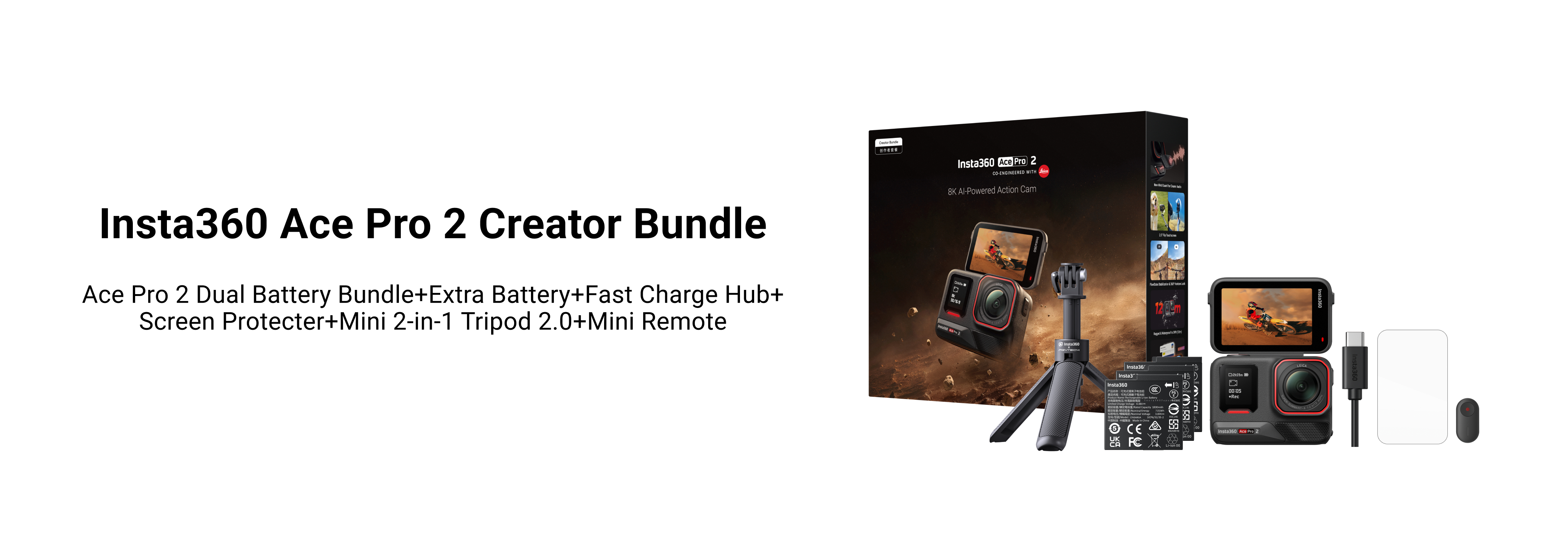 Insta360 Ace Pro 2 Creator Bundle. Enthält Kamera, Stativ, Batterien und Zubehör. Schwarze Kamera mit roten Akzenten.