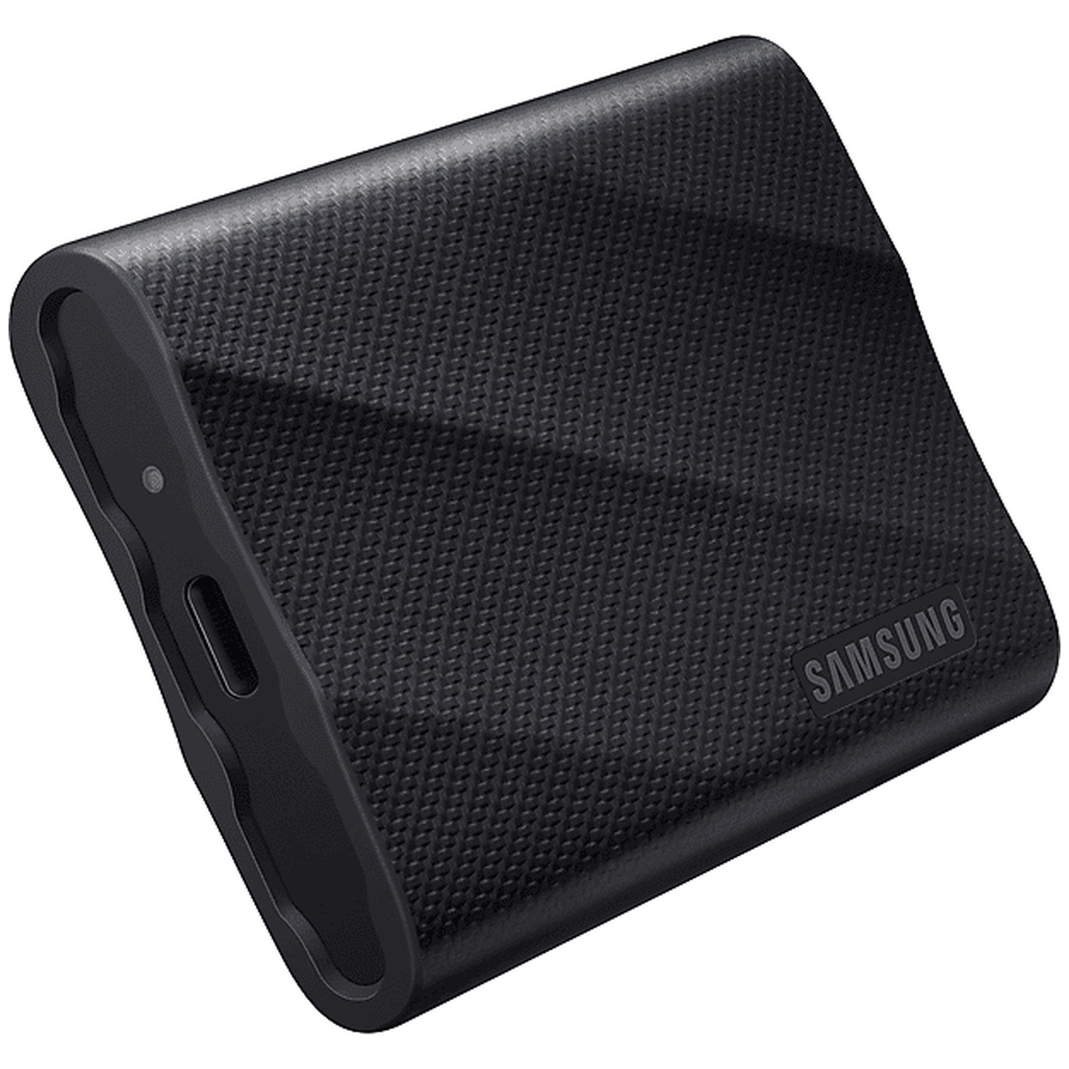 Een zwarte, getextureerde Samsung draagbare SSD. Het heeft een afgerond ontwerp, met het Samsung-logo.