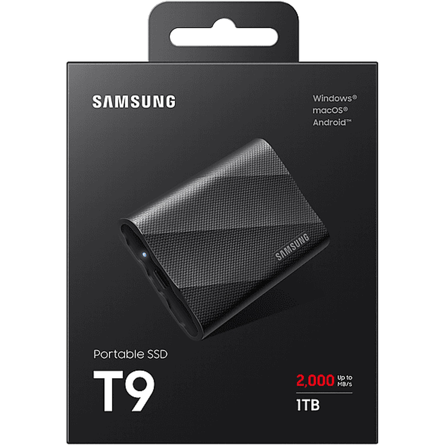 Zwarte Samsung T9 Portable SSD-doos. Toont productnaam, capaciteit en compatibele besturingssystemen zoals Windows en macOS.