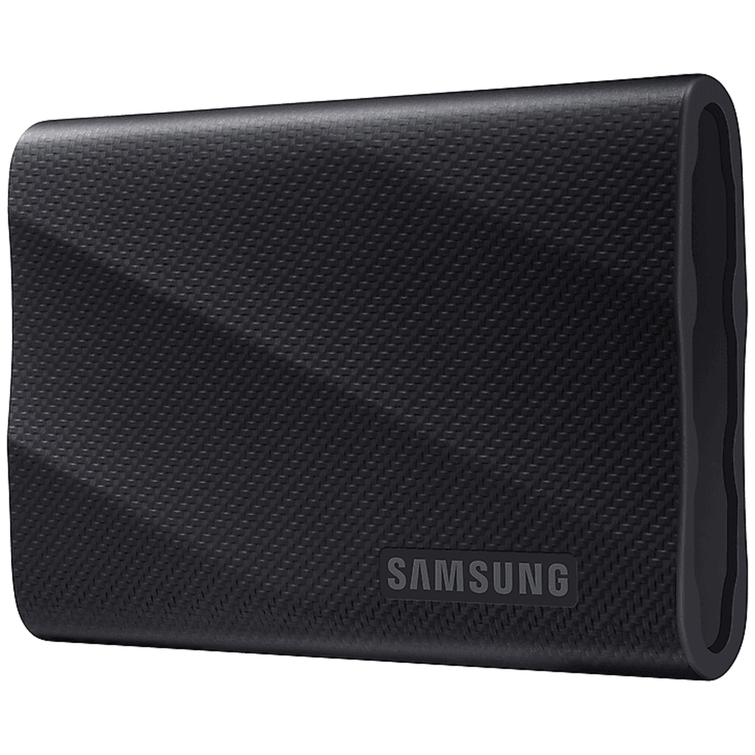 Un disque dur externe Samsung noir avec une surface texturée. Le logo Samsung est visible en bas.