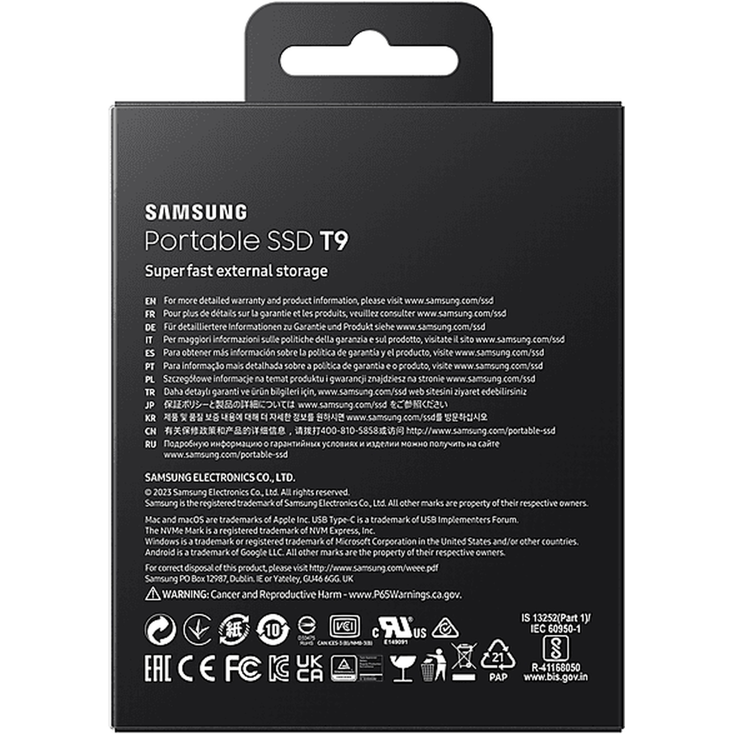 Boîte noire Samsung Portable SSD T9. Texte avec info produit, garantie et symboles réglementaires.