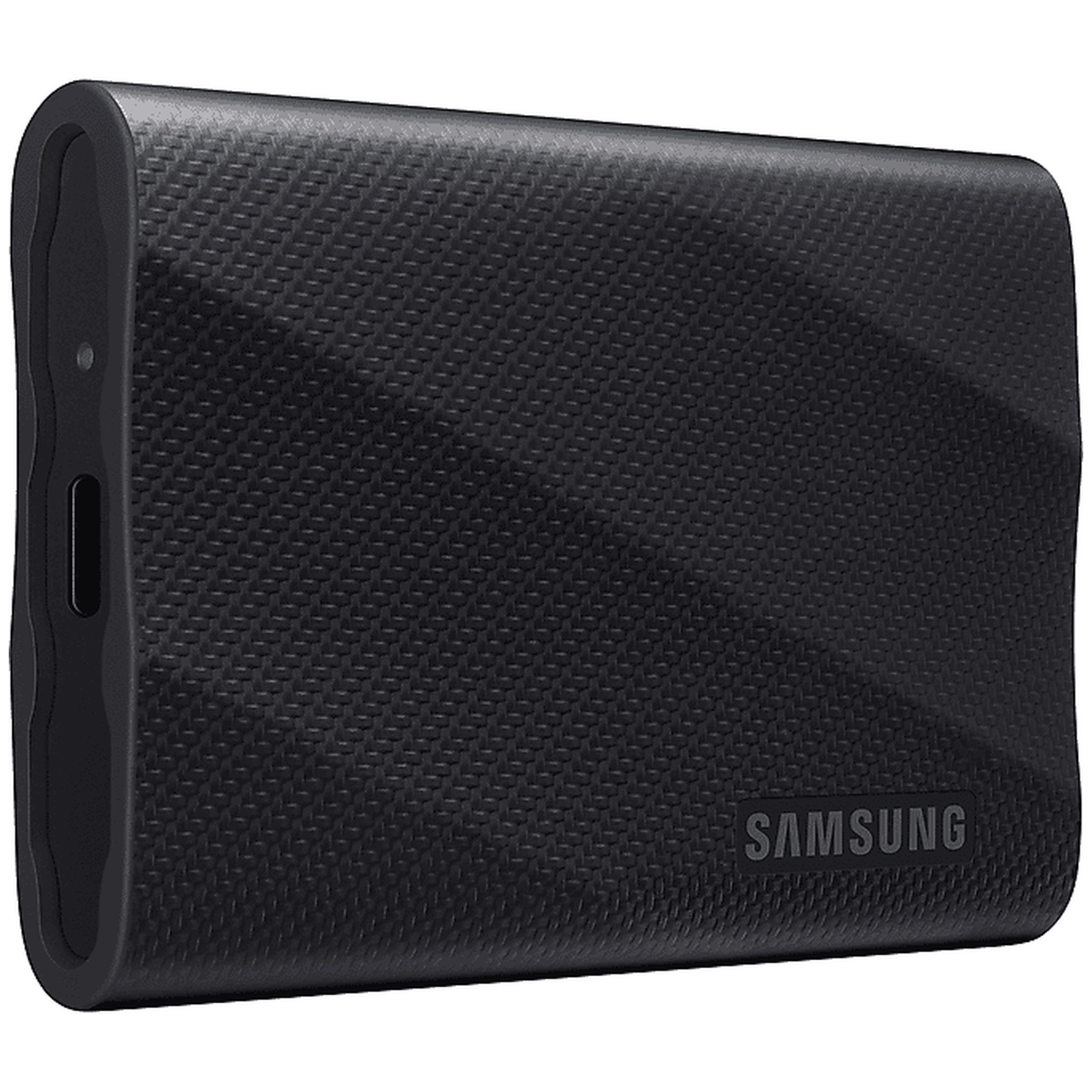 A black Samsung external hard drive with a textured surface. The word SAMSUNG is visible on the bottom right.