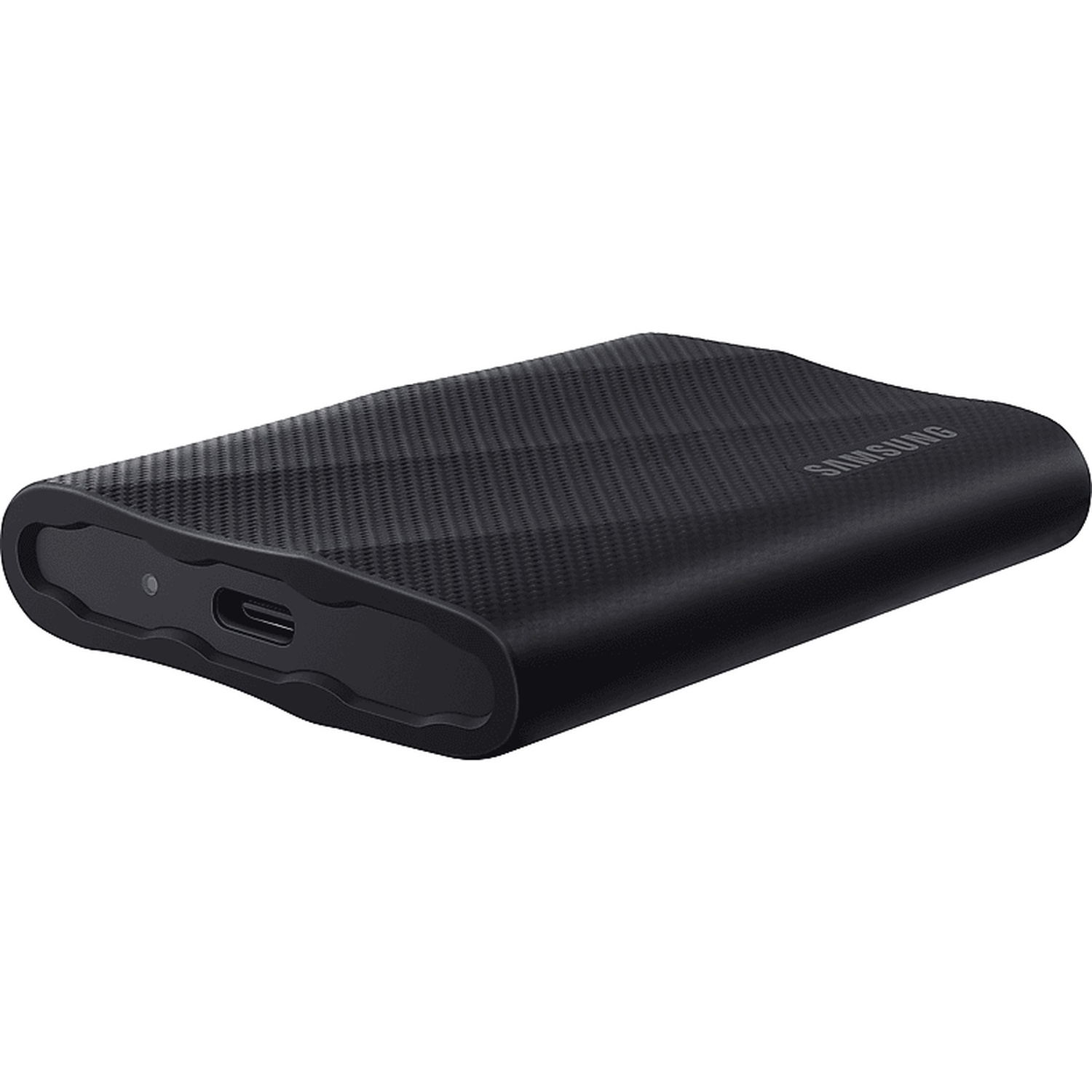 A black Samsung external hard drive. It is rectangular with a textured surface and a USB-C port. 'SAMSUNG' is visible.