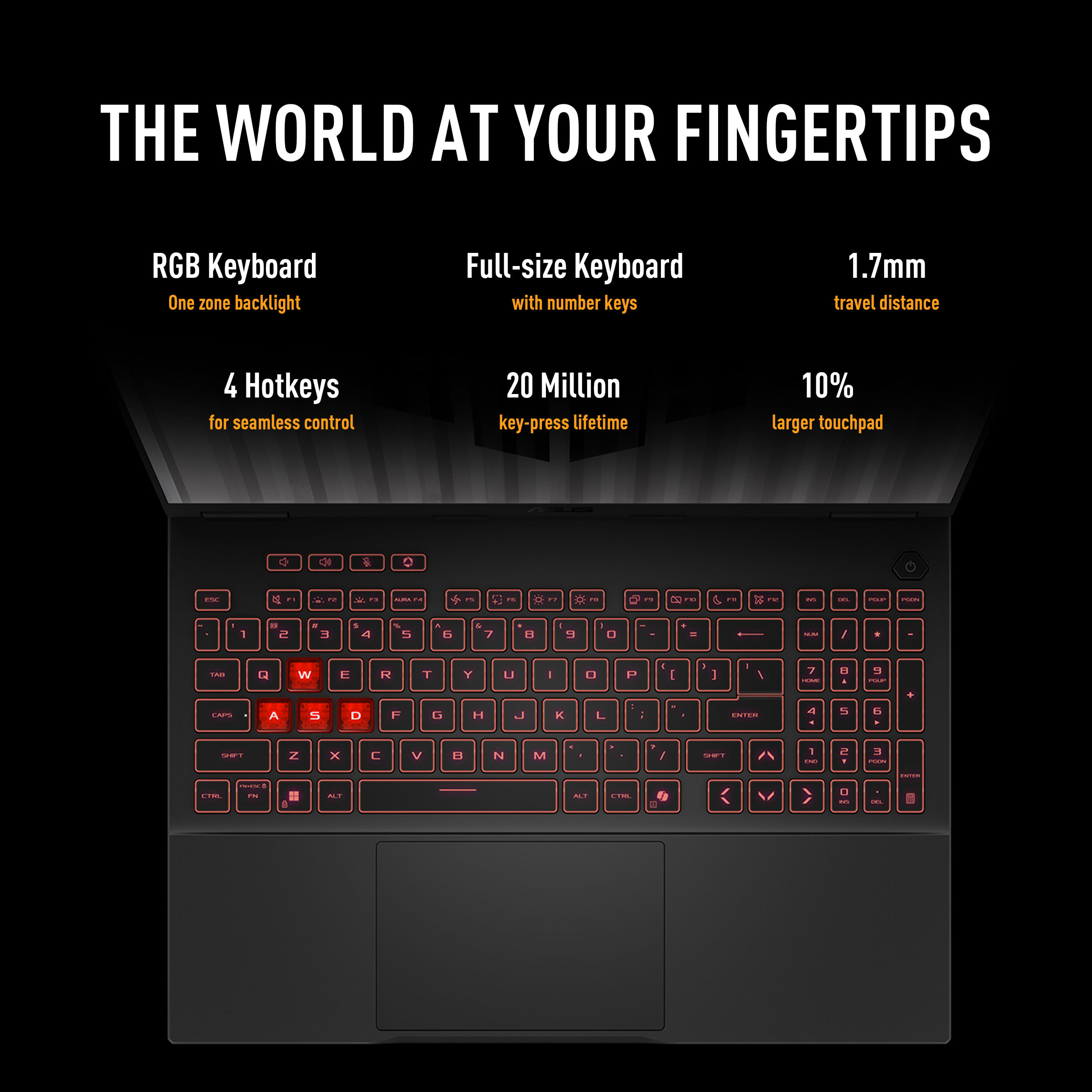 Un clavier d'ordinateur portable avec rétroéclairage rouge est affiché, avec des détails sur ses fonctionnalités.