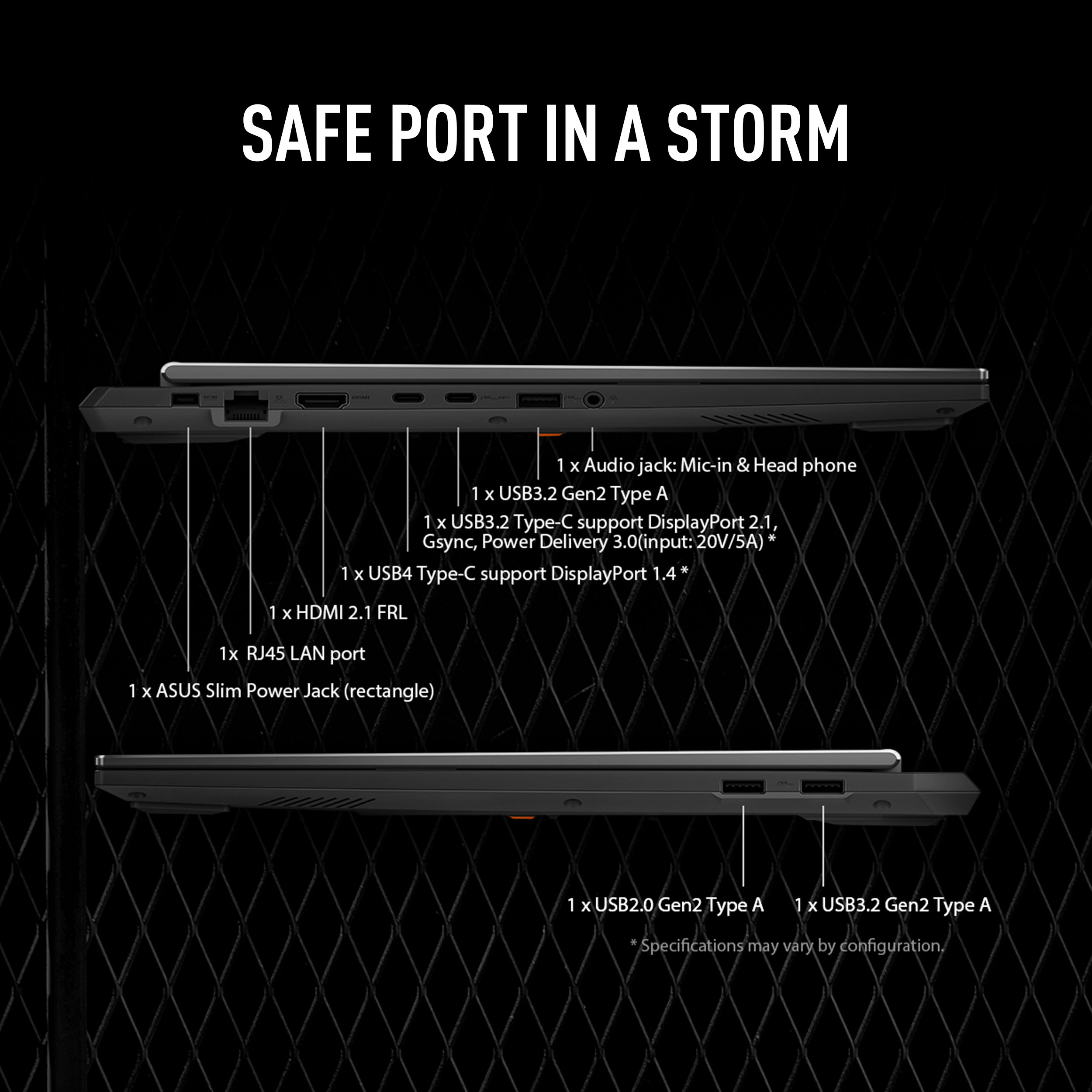 L'image montre des ports d'ordinateur portable avec des étiquettes. Le texte dit 'SAFE PORT IN A STORM'.