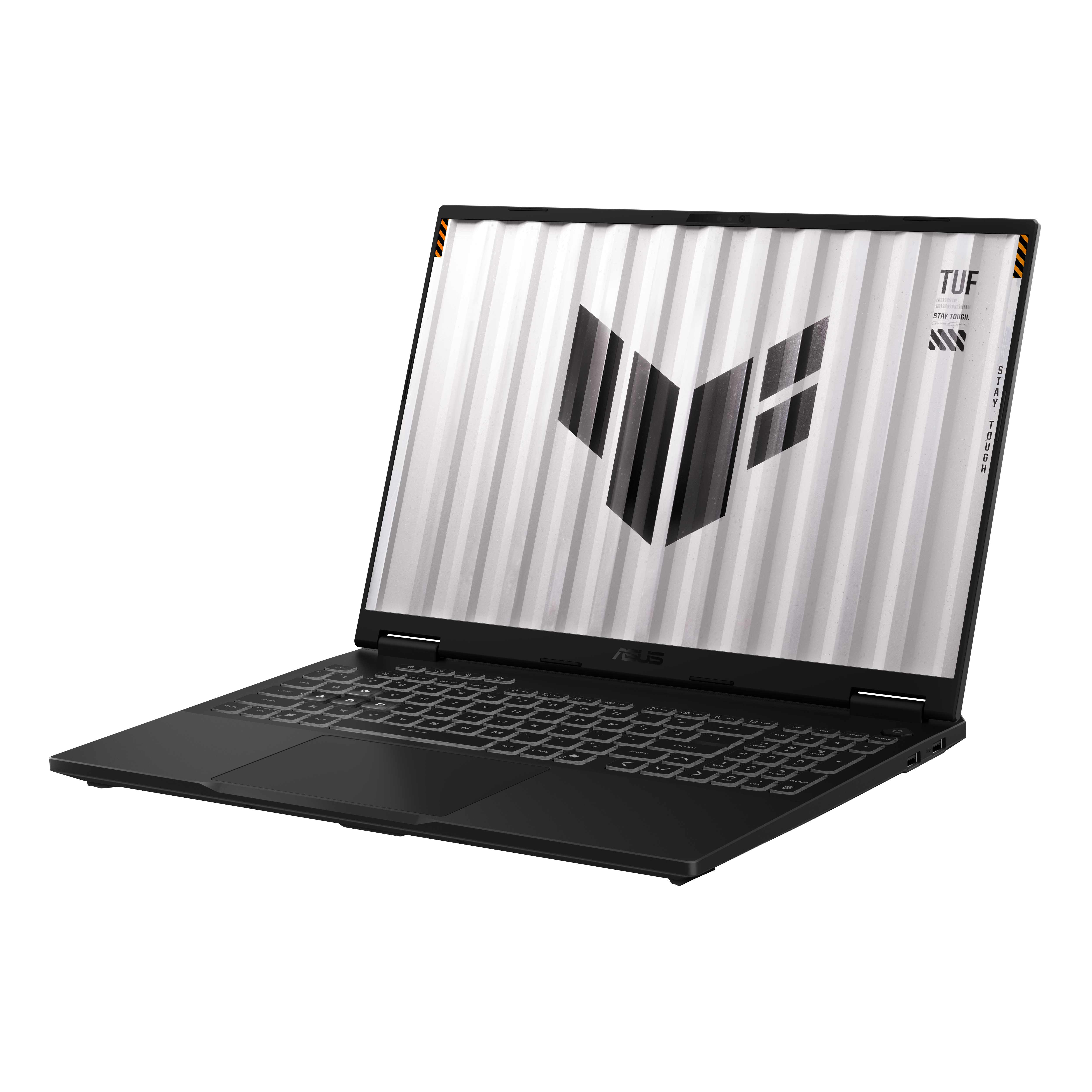 Czarny laptop z podświetlanym ekranem pokazującym logo. Ekran ma białe tło z czarnymi paskami.