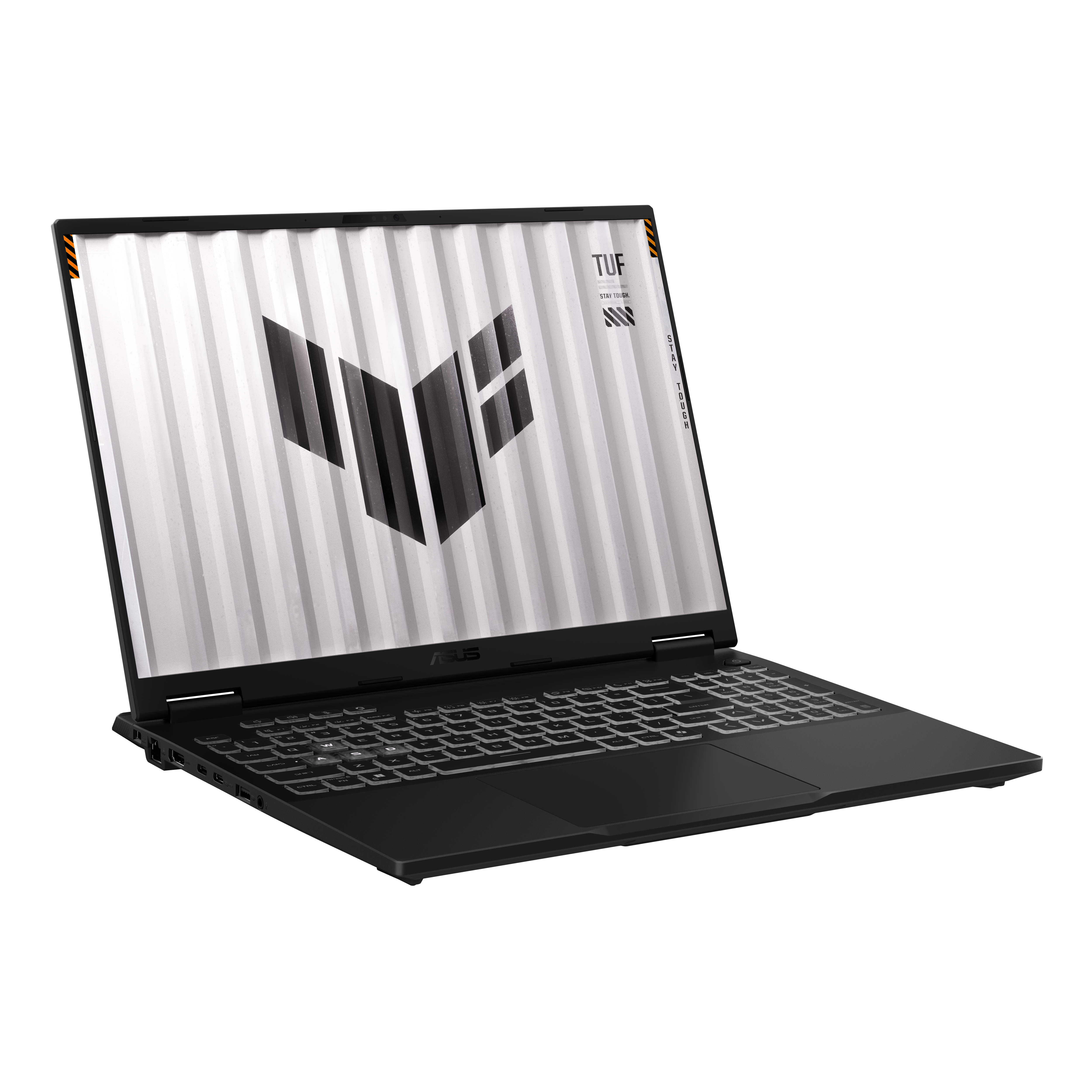 Czarny laptop ASUS z białym ekranem. Ekran wyświetla logo i białe tło. Klawiatura znajduje się w dolnej części.
