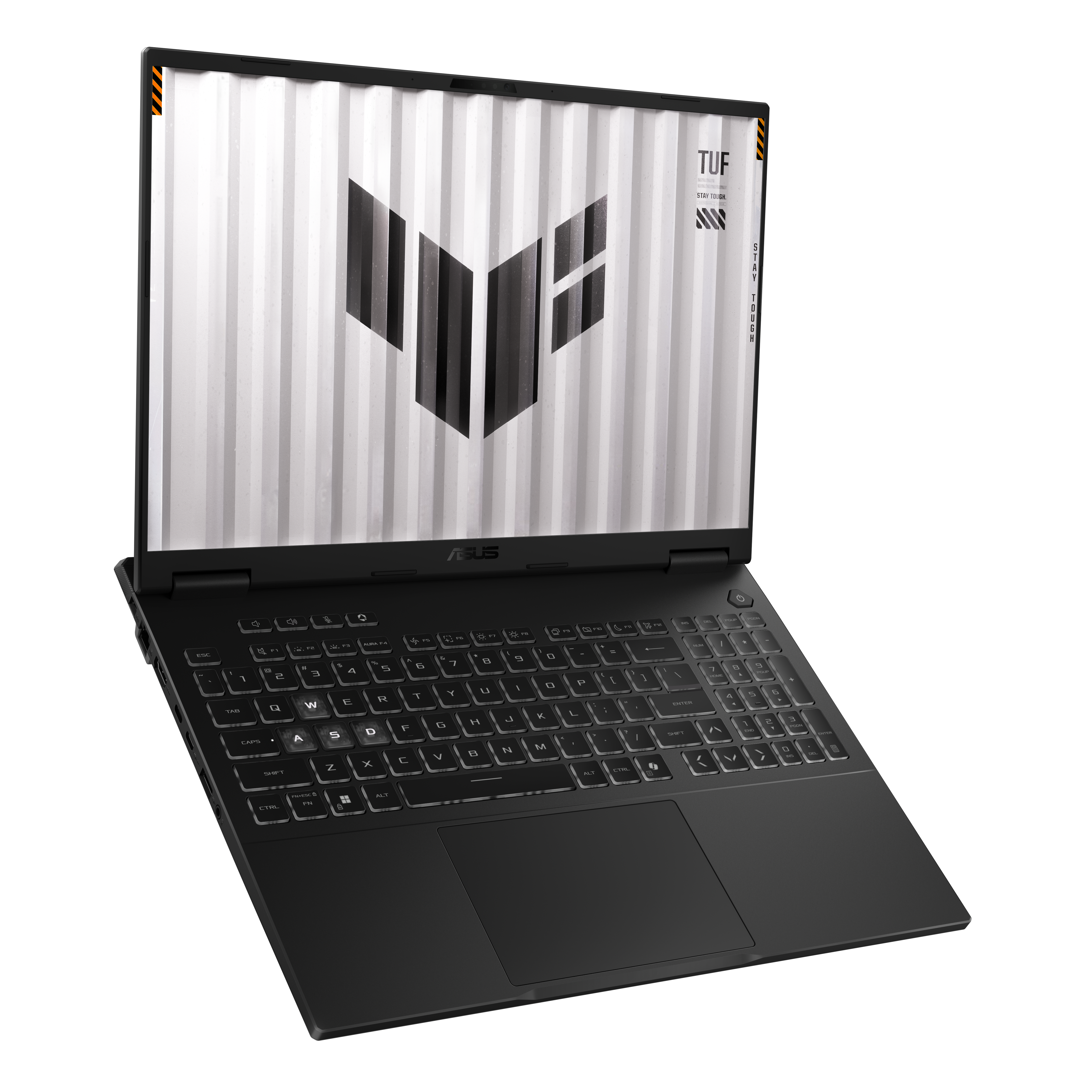 Czarny laptop na białym tle. Ekran wyświetla logo. Widoczna klawiatura i touchpad.