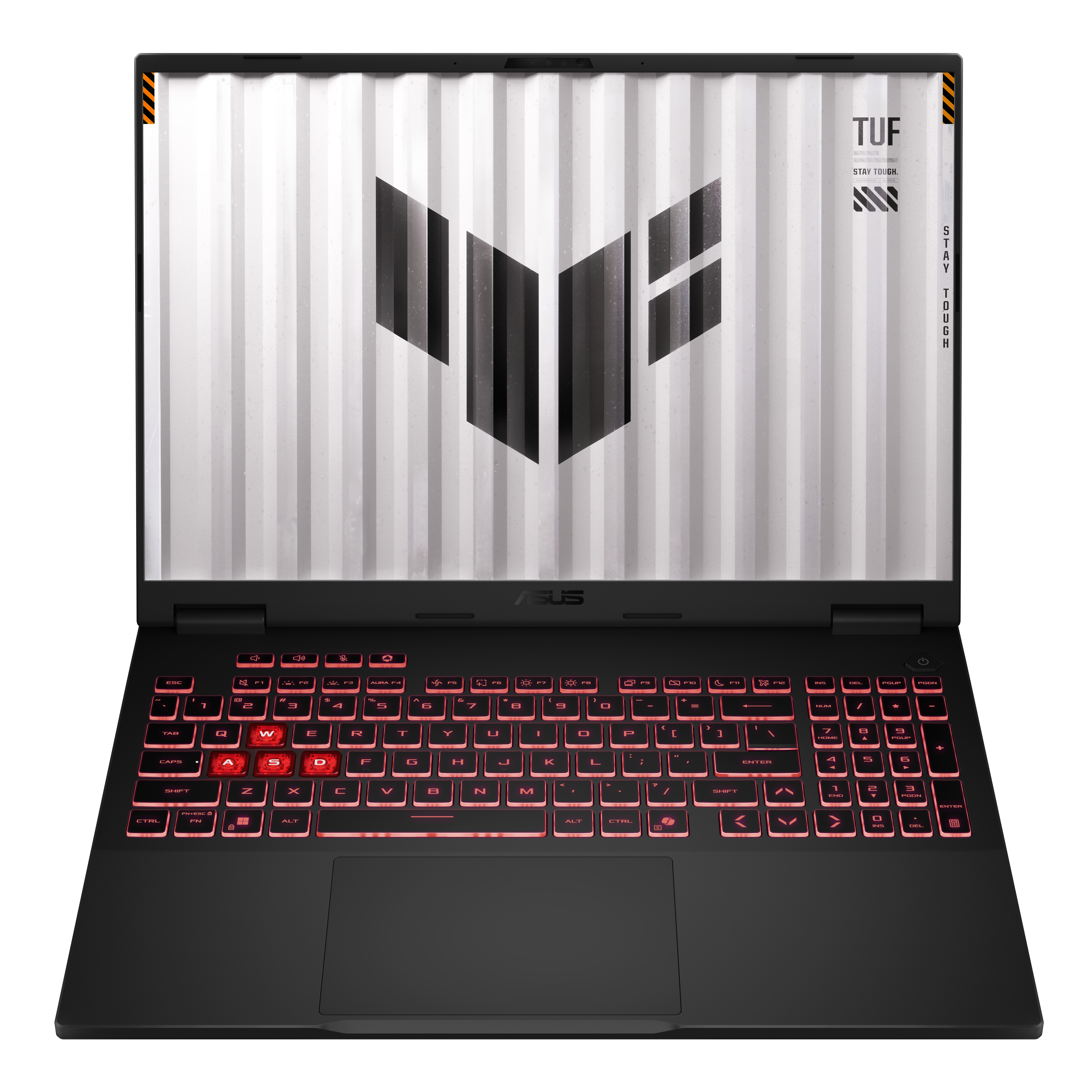 Czarny laptop z czerwonym podświetleniem klawiatury. Ekran wyświetla logo. Laptop na białym tle.