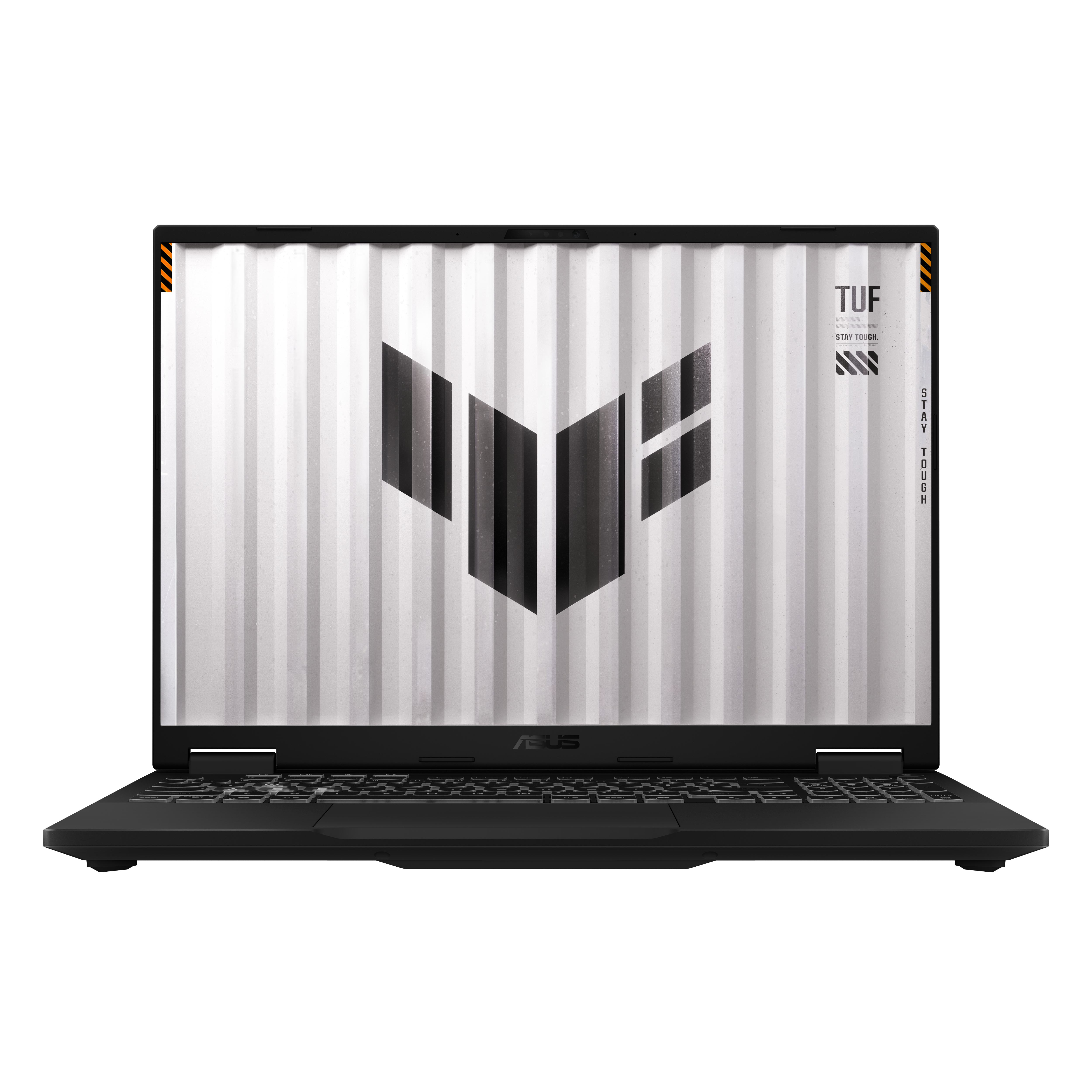 Czarny laptop z białym ekranem wyświetlającym logo. Ekran pokazuje białe tło z czarną grafiką.