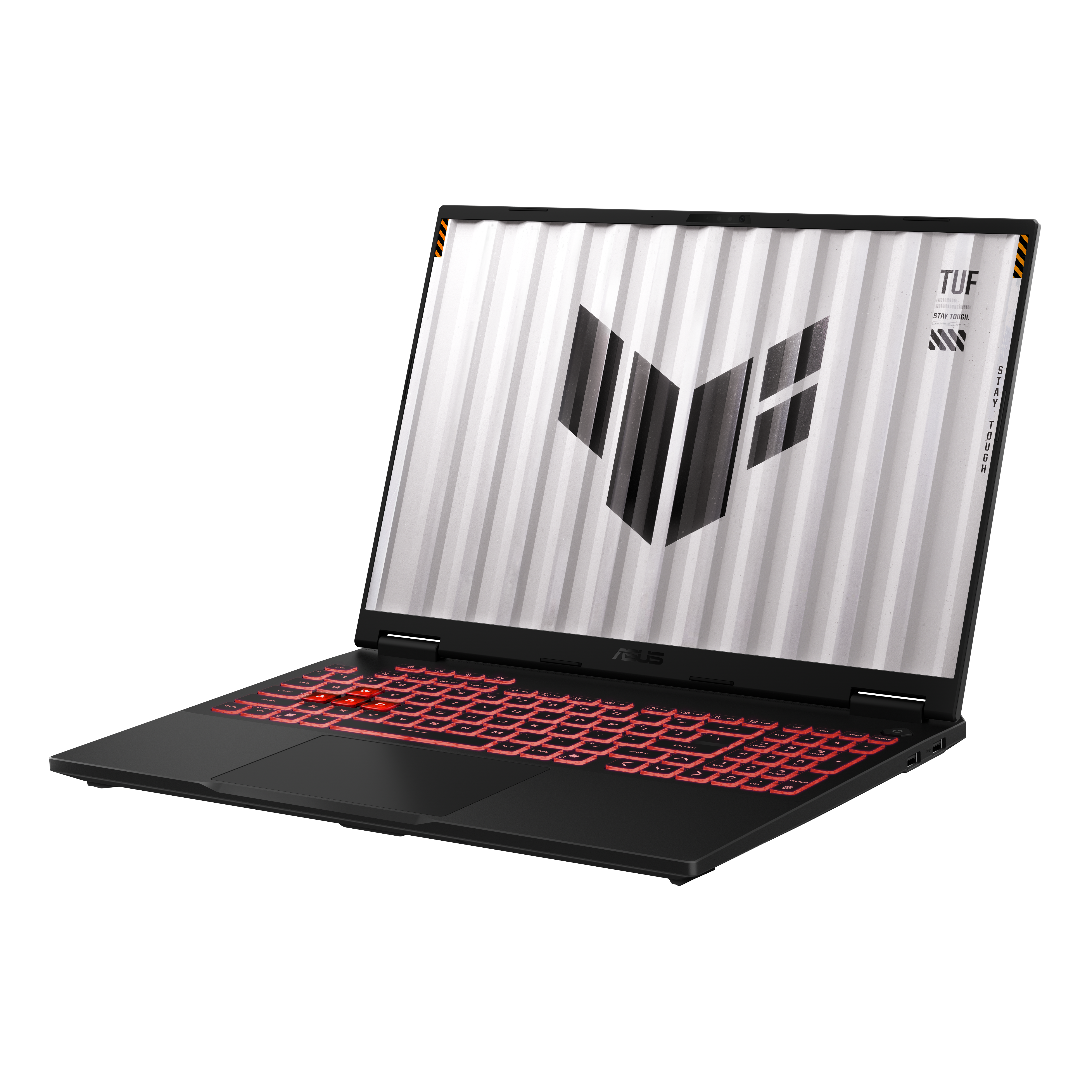 Czarny laptop z podświetlaną czerwoną klawiaturą. Ekran wyświetla białe tło z logo.