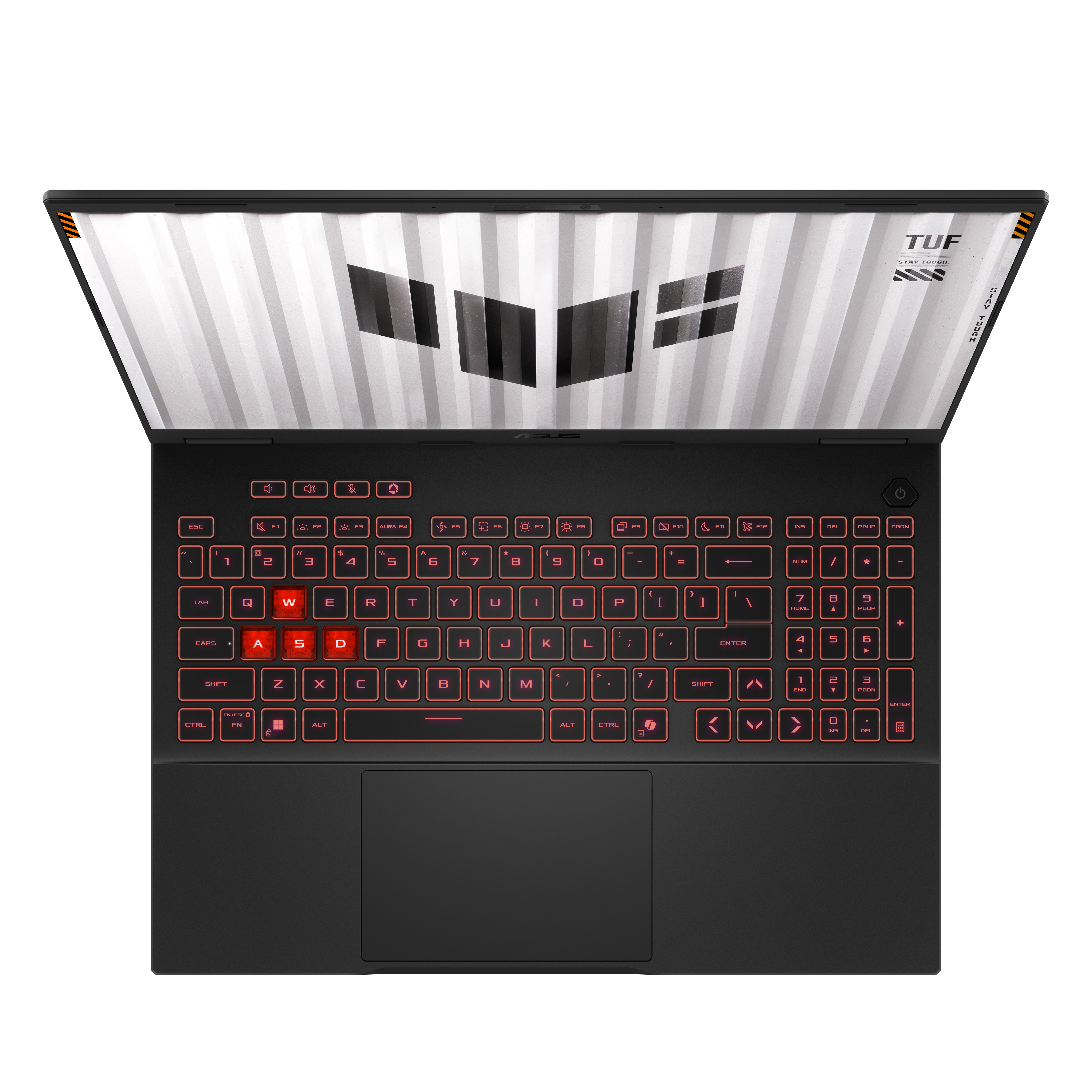 Czarny laptop na białym tle. Klawisze klawiatury świecą na czerwono. Ekran wyświetla wzór.