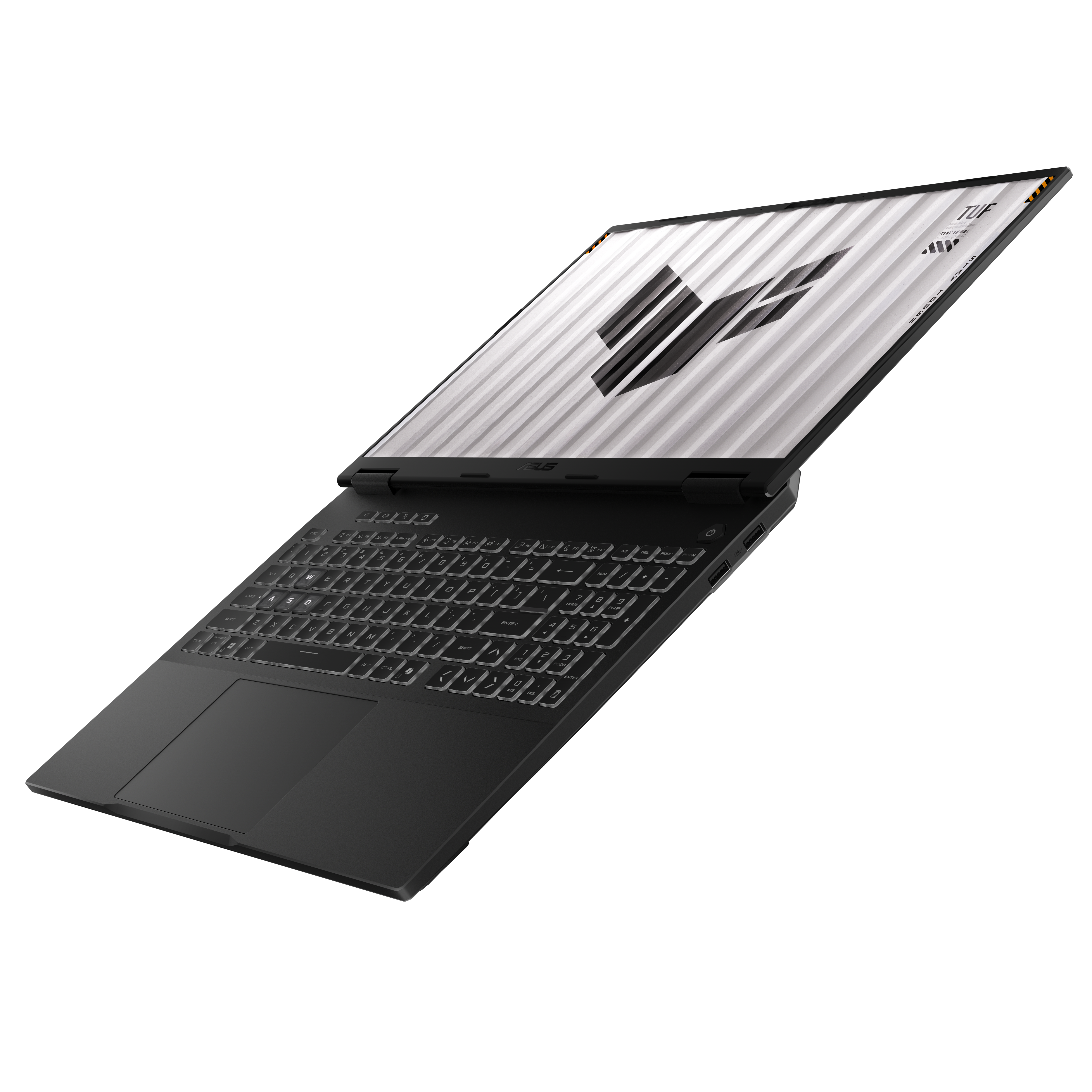 Czarny laptop z białym ekranem i logo. Klawiatura jest widoczna, laptop jest otwarty.