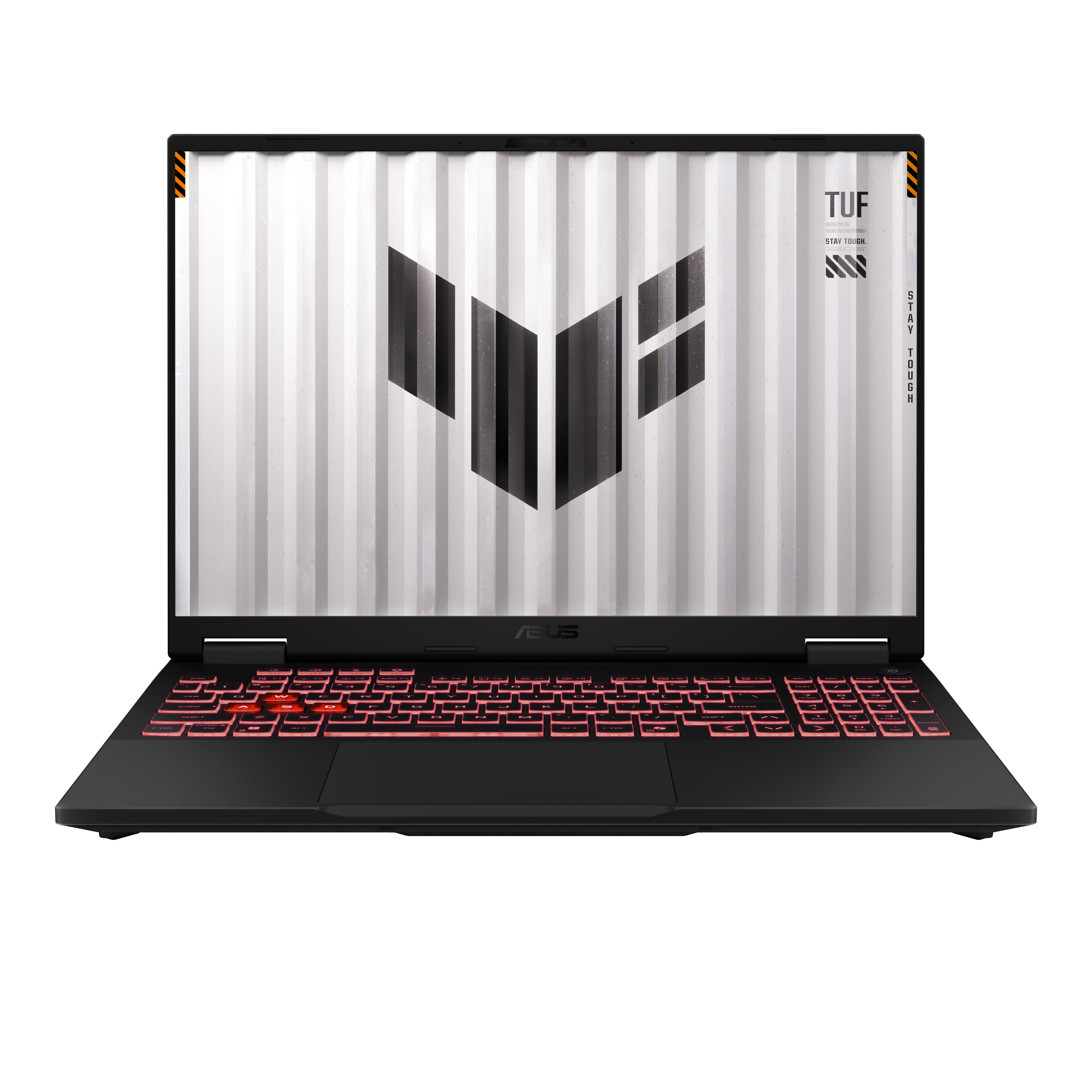 Czarny laptop z podświetlaną na czerwono klawiaturą, ekran z wystylizowanym logo. Białe tło.