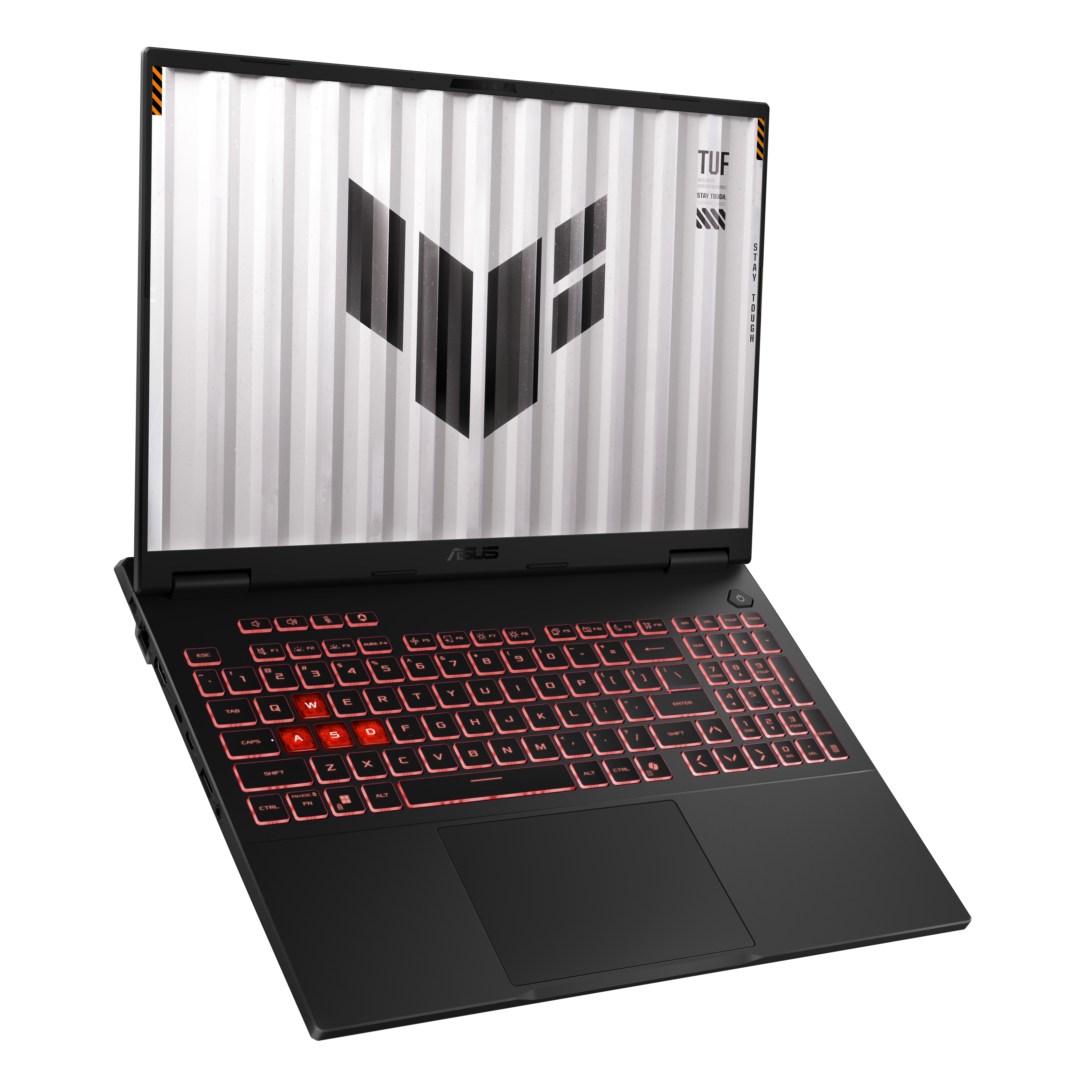 Czarny laptop z podświetlaną na czerwono klawiaturą. Ekran wyświetla biało-szary wzór w paski i logo.