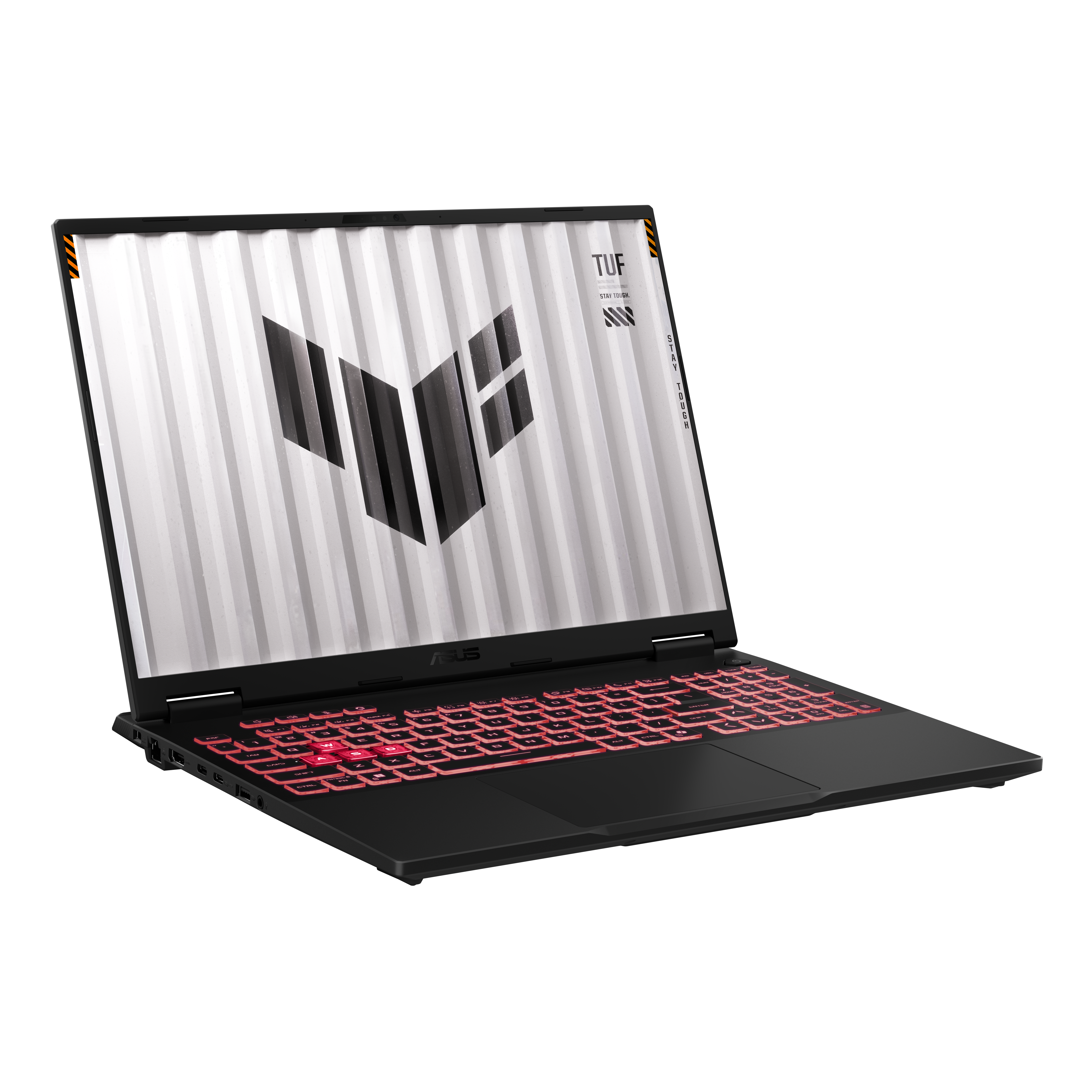 Czarny laptop ASUS TUF, otwarty, pod kątem. Ekran z białą grafiką. Widoczna czerwona podświetlana klawiatura. Czarne na białym.
