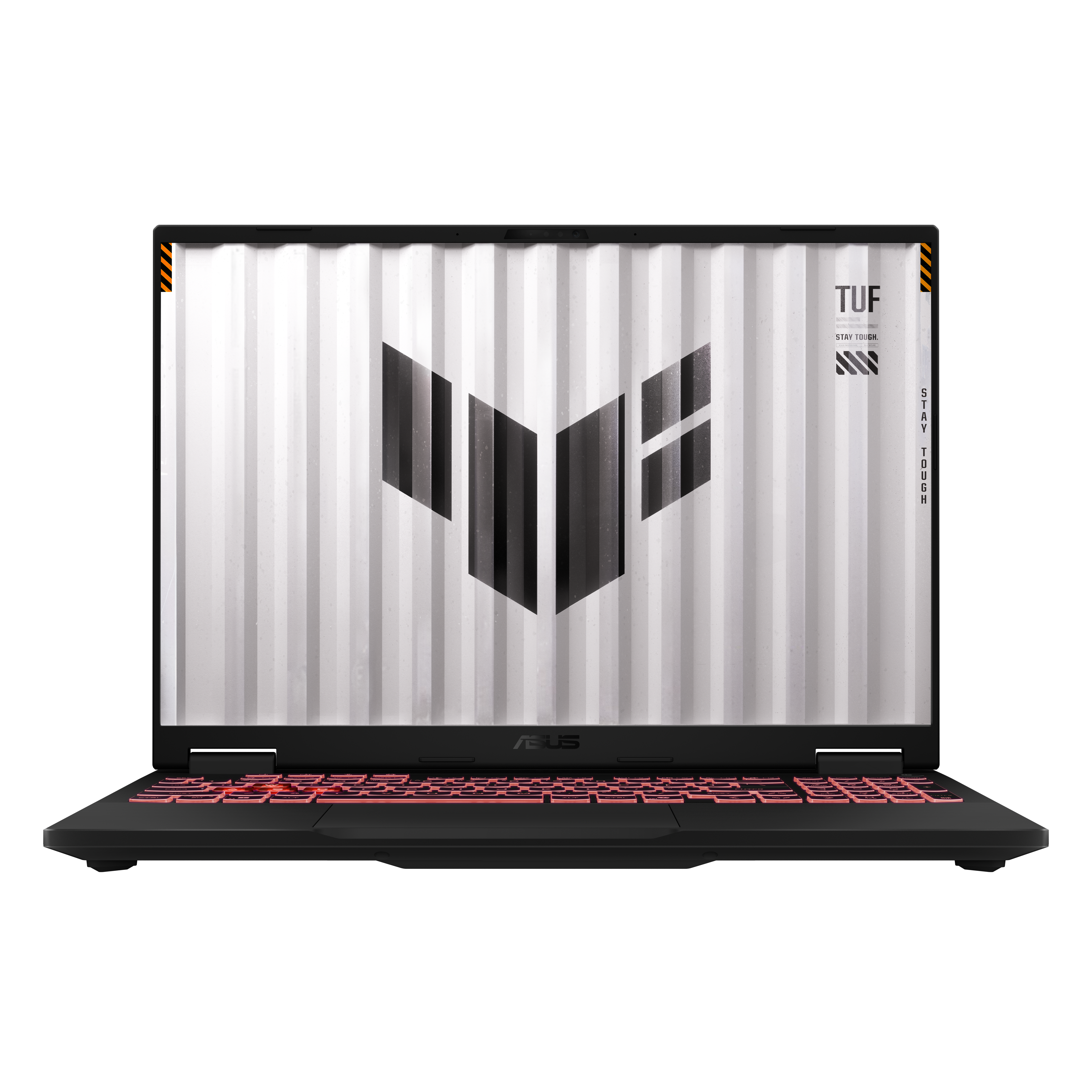 Czarny laptop z podświetlaną na czerwono klawiaturą. Ekran wyświetla białe, teksturowane tło z czarnym logo i tekstem.