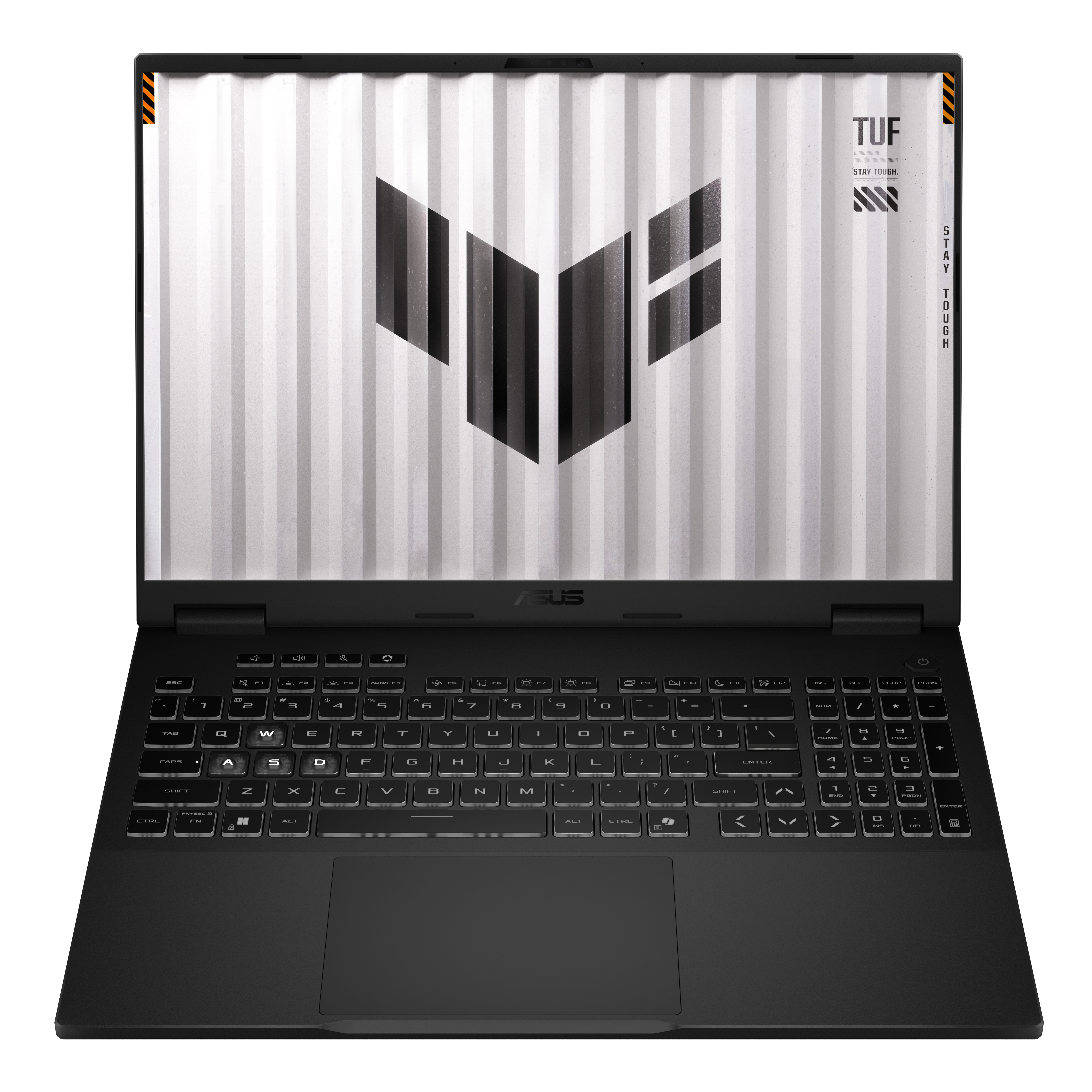 Czarny laptop z klawiaturą, ekranem z logo i napisem 'TUF'.