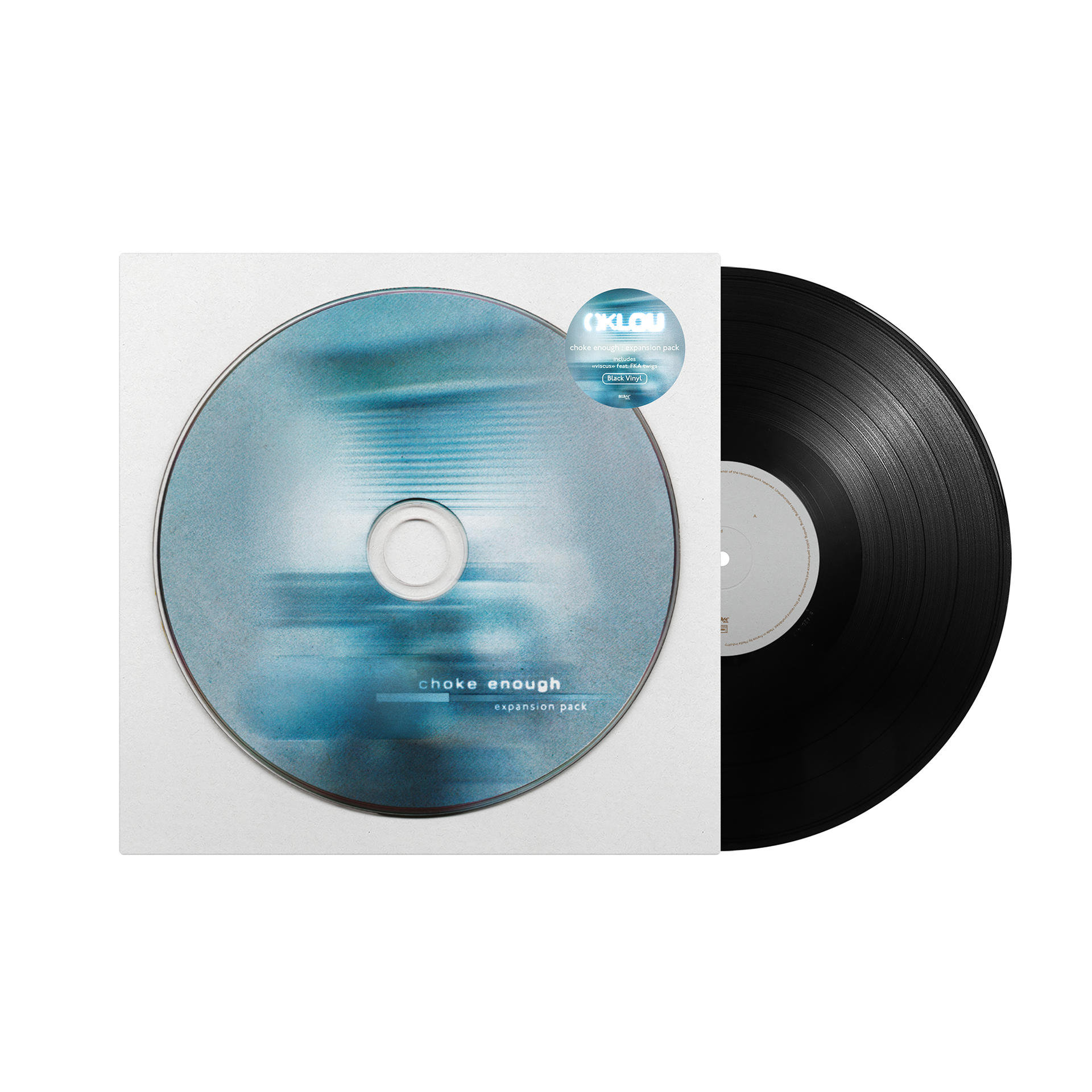 CD und Schallplatte. CD in weißer Hülle, blaues Farbverlaufsdesign. Vinyl ist schwarz.