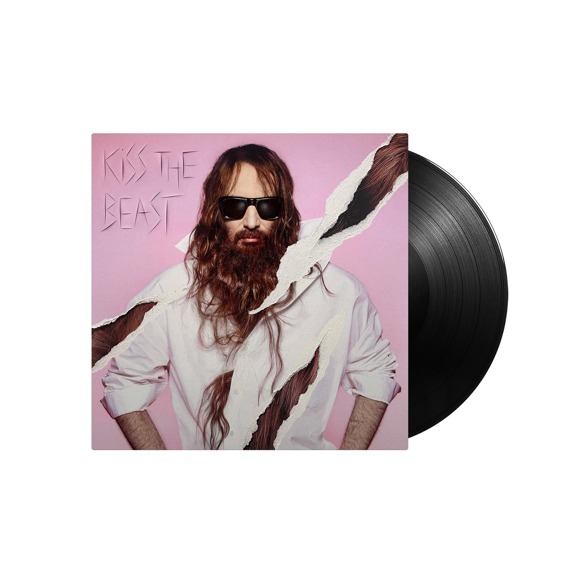 Albumhoes met een man met een zonnebril en een lange baard. De hoes is gescheurd om het haar van de man te onthullen. Een vinylplaat aan de rechterkant.