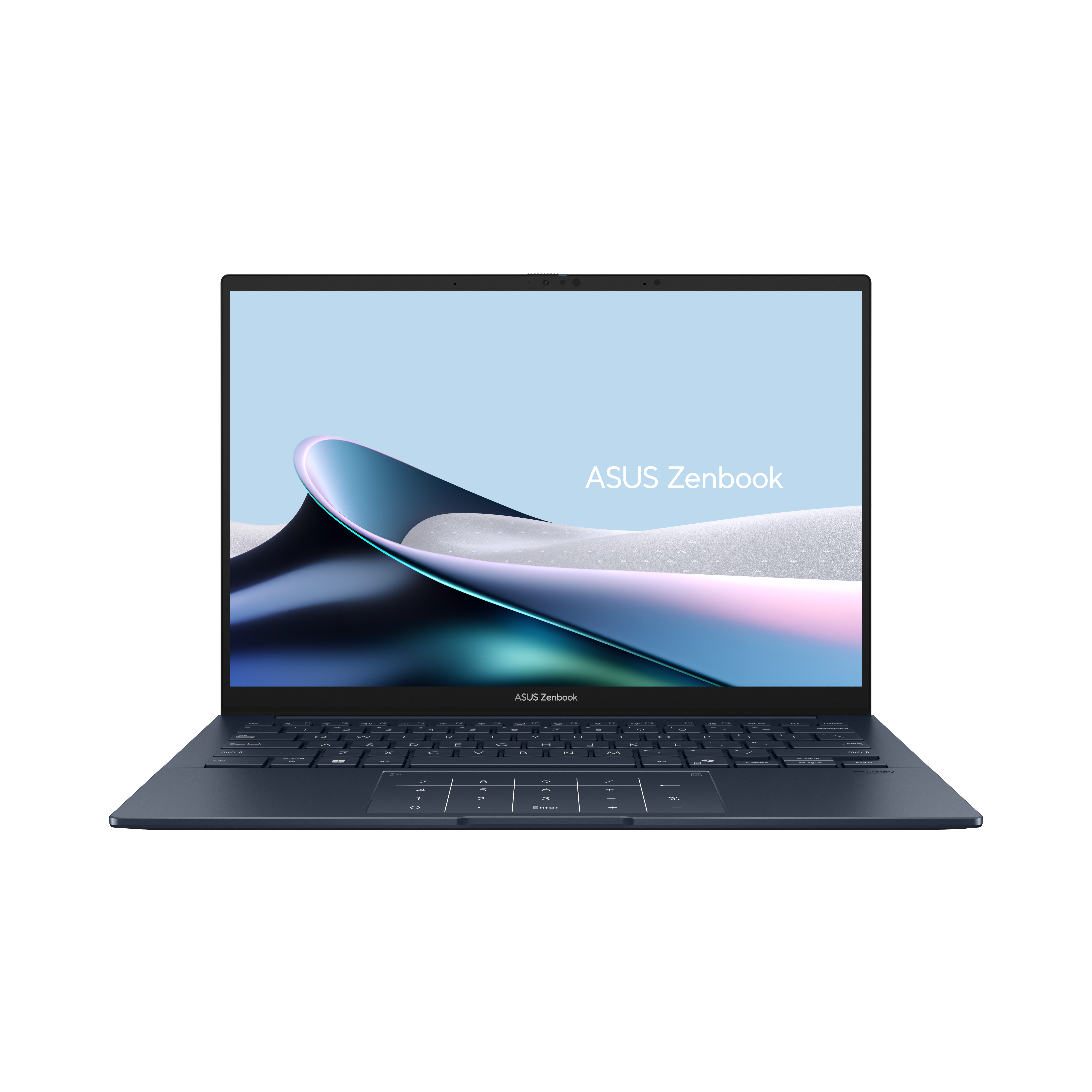 Een donkerblauwe ASUS Zenbook-laptop op een witte achtergrond. Het scherm toont een blauw en wit abstract ontwerp.