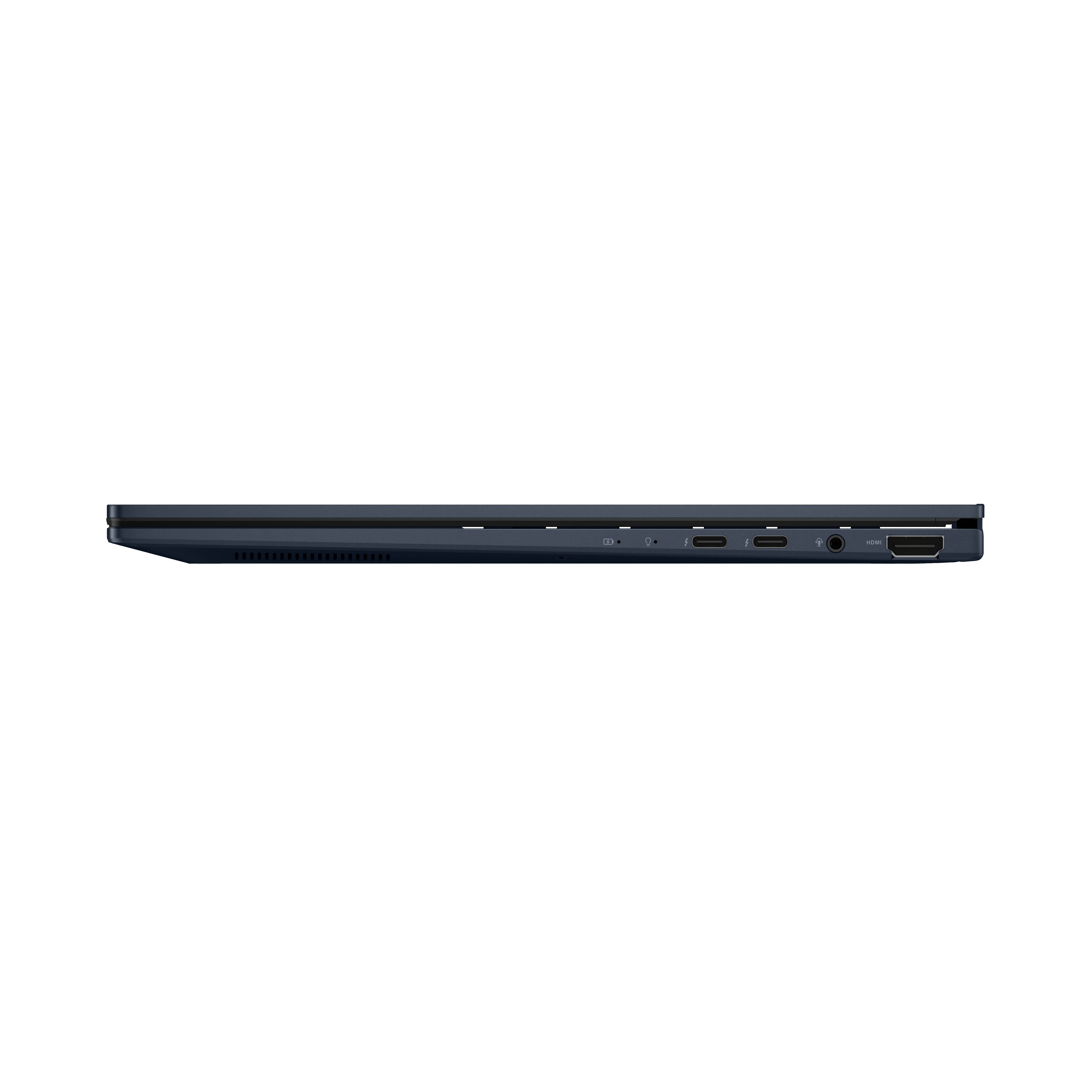 Zijaanzicht van een donkerblauwe laptop, met poorten. Inclusief USB-C, audio-aansluiting en HDMI-poorten.
