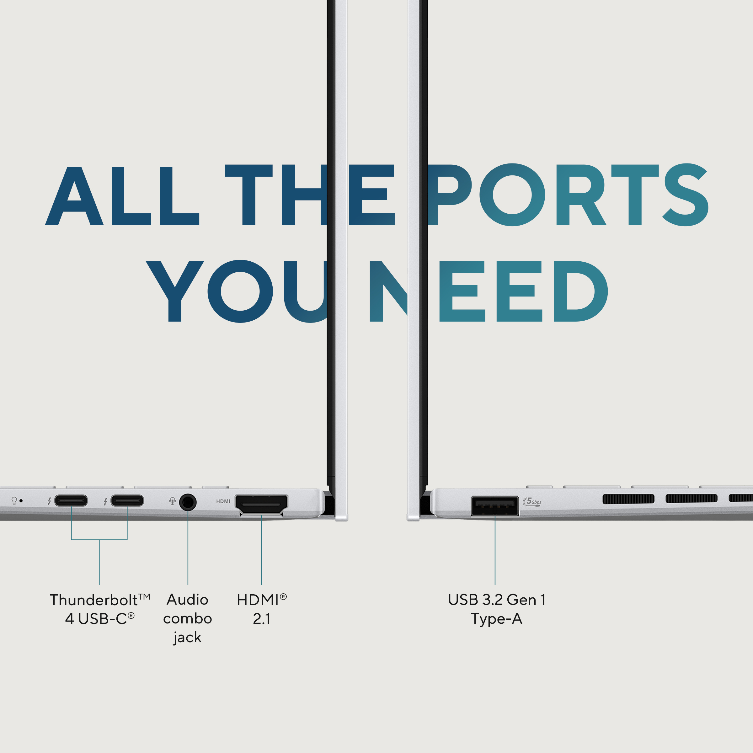 Afbeelding toont de poorten van een laptop: Thunderbolt, audio jack, HDMI en USB 3.2 Gen 1 Type-A, met tekst 'ALL THE PORTS YOU NEED'.