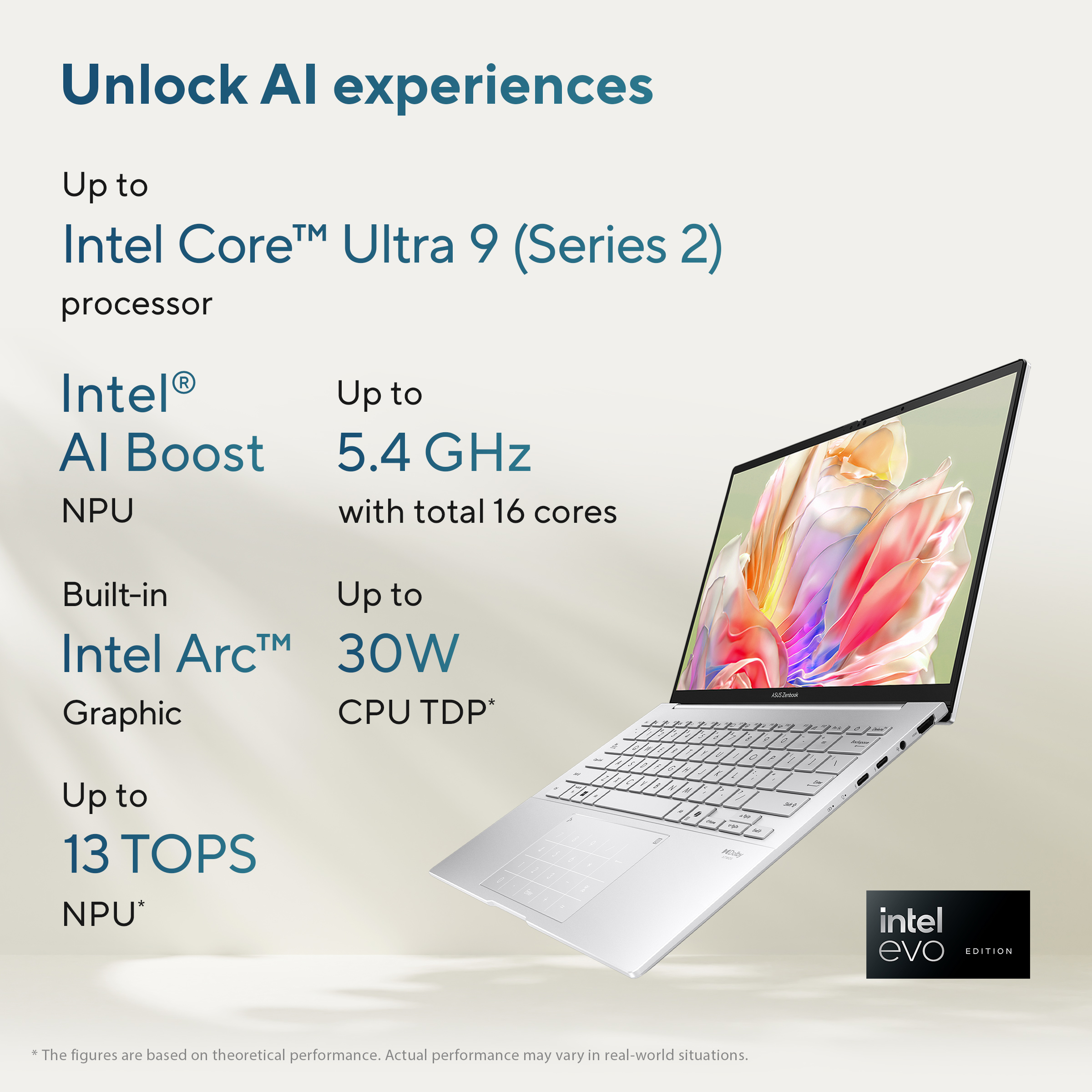 Een zilveren laptop met tekst over Intel Core Ultra 9, AI Boost en Intel Arc graphics. Het scherm toont kleurrijke kunst.