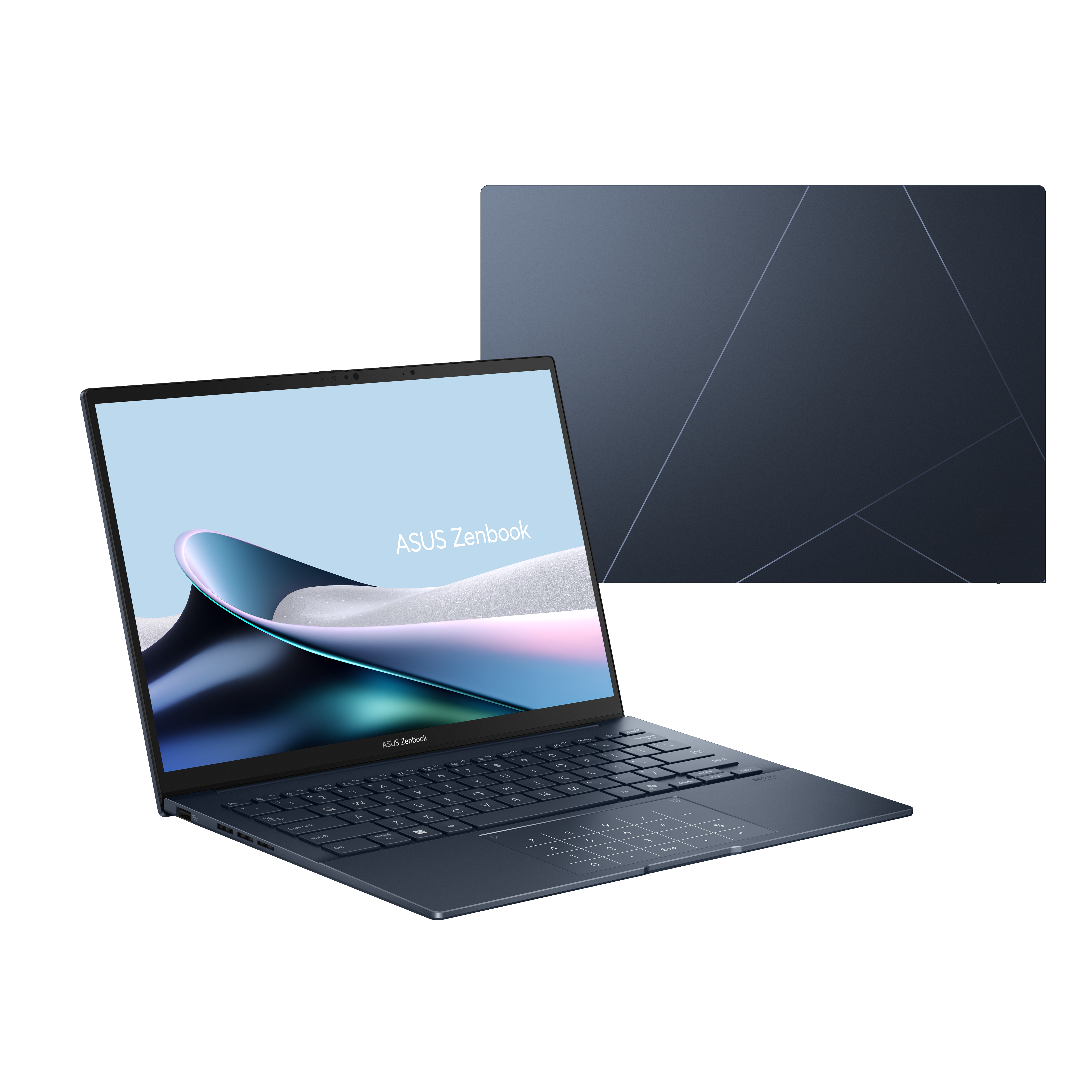 Een blauwe ASUS Zenbook laptop is open, met een kleurrijk scherm. Een gesloten deksel staat ernaast, ook blauw.