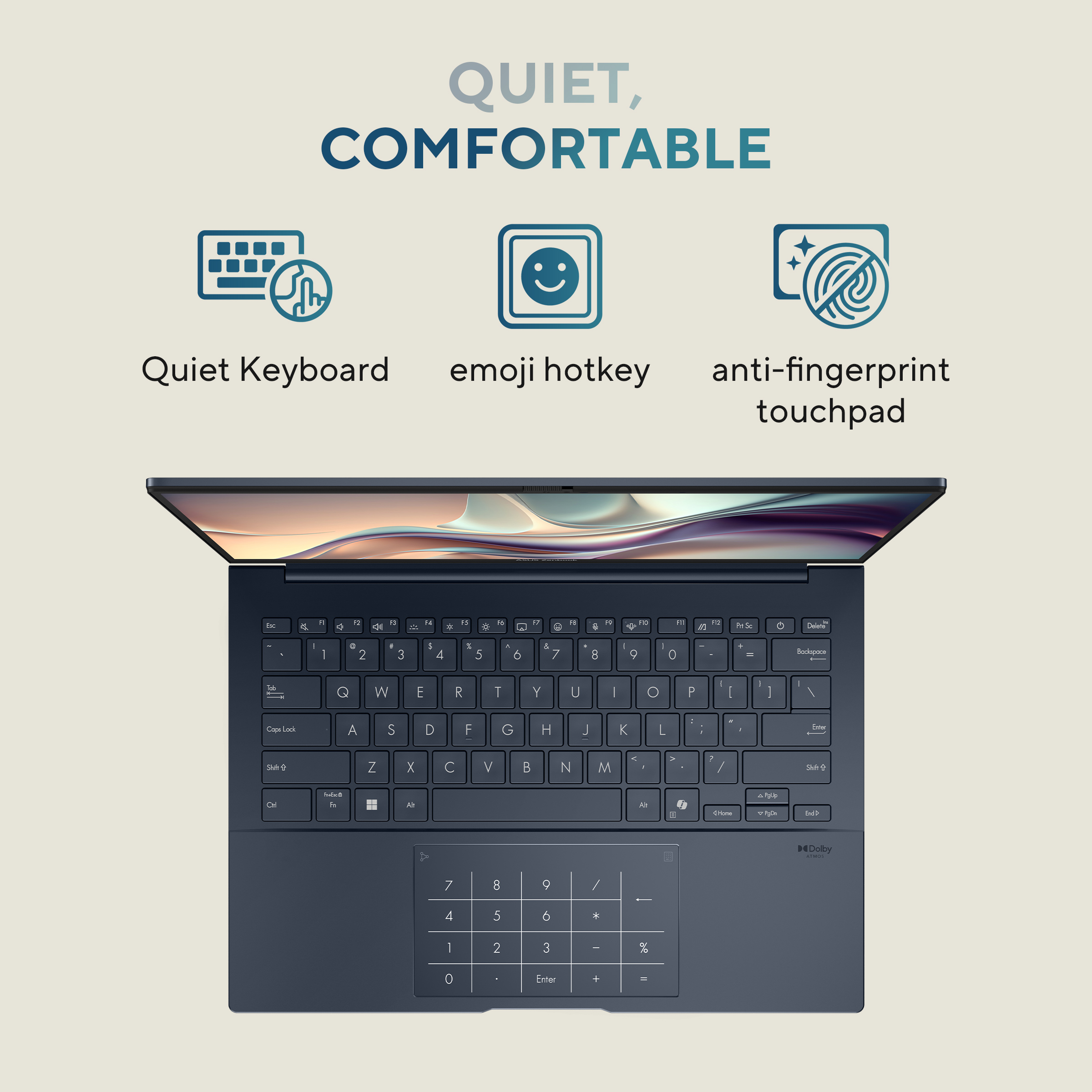 Laptop met toetsenbord, touchpad en emoji sneltoets. Tekst: Stil, comfortabel.