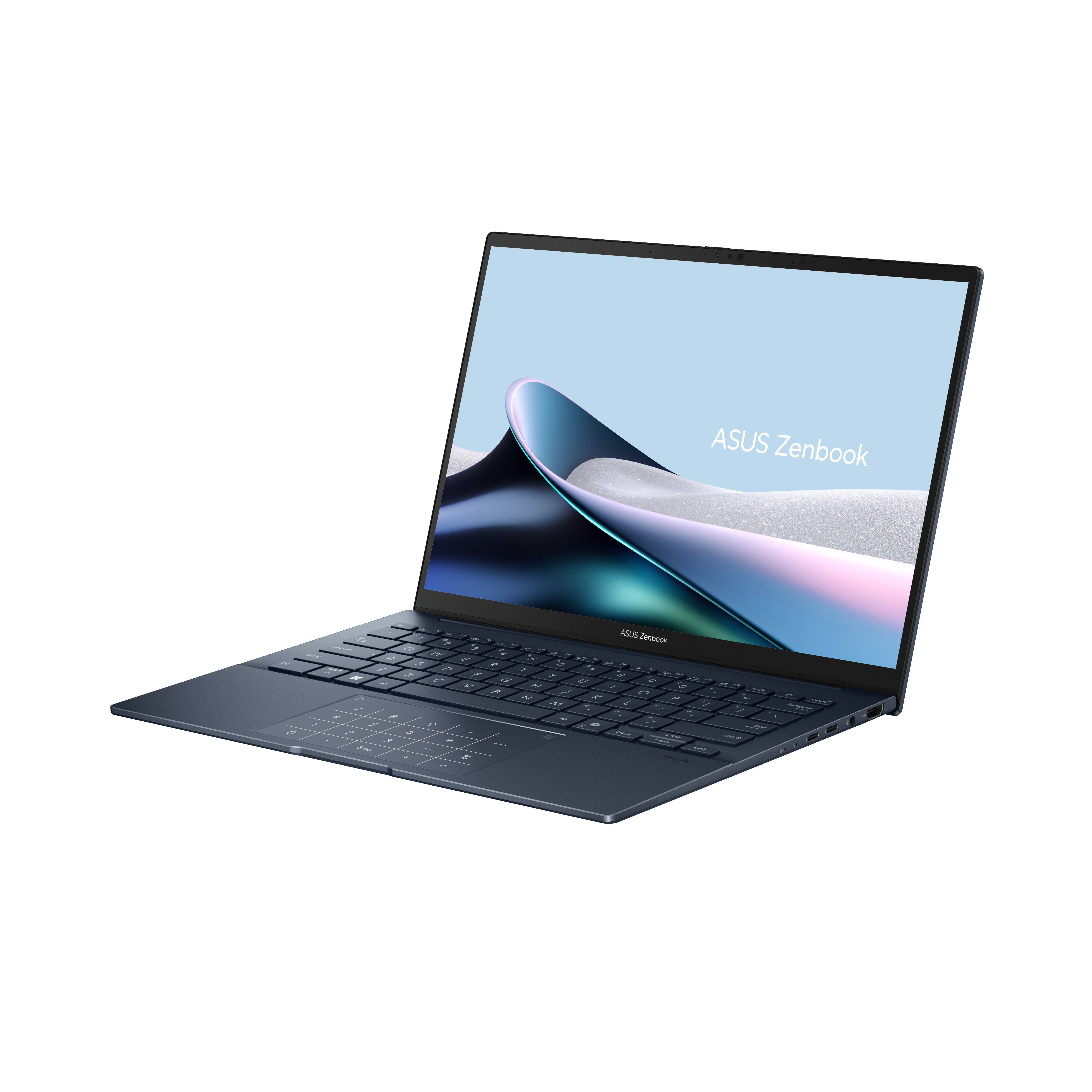 Een donkerblauwe ASUS Zenbook-laptop staat open op een zwarte achtergrond. Het scherm toont de merknaam.