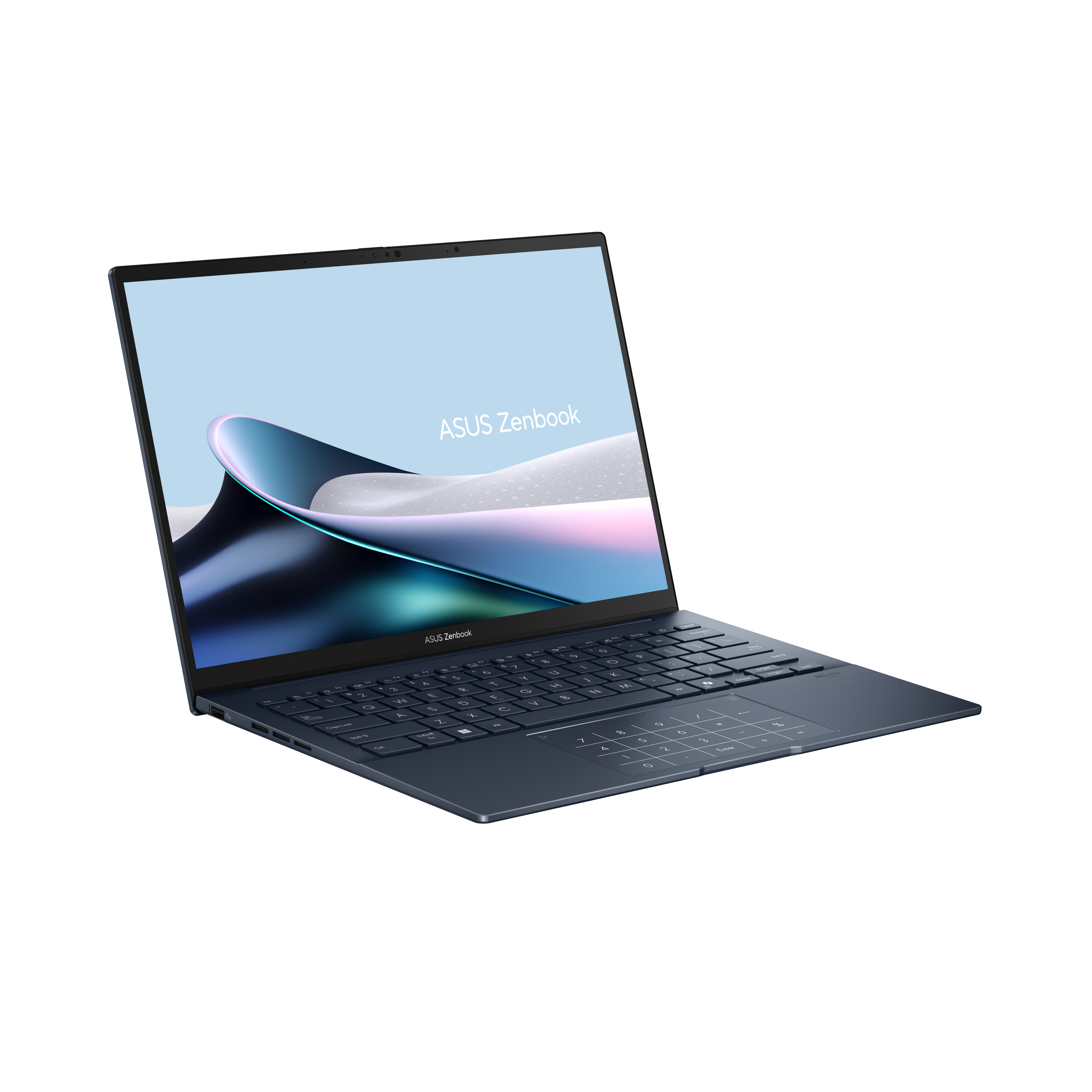 Een donkerblauwe Asus Zenbook laptop is open, met het toetsenbord en het scherm zichtbaar. Het scherm toont de woorden ASUS Zenbook.
