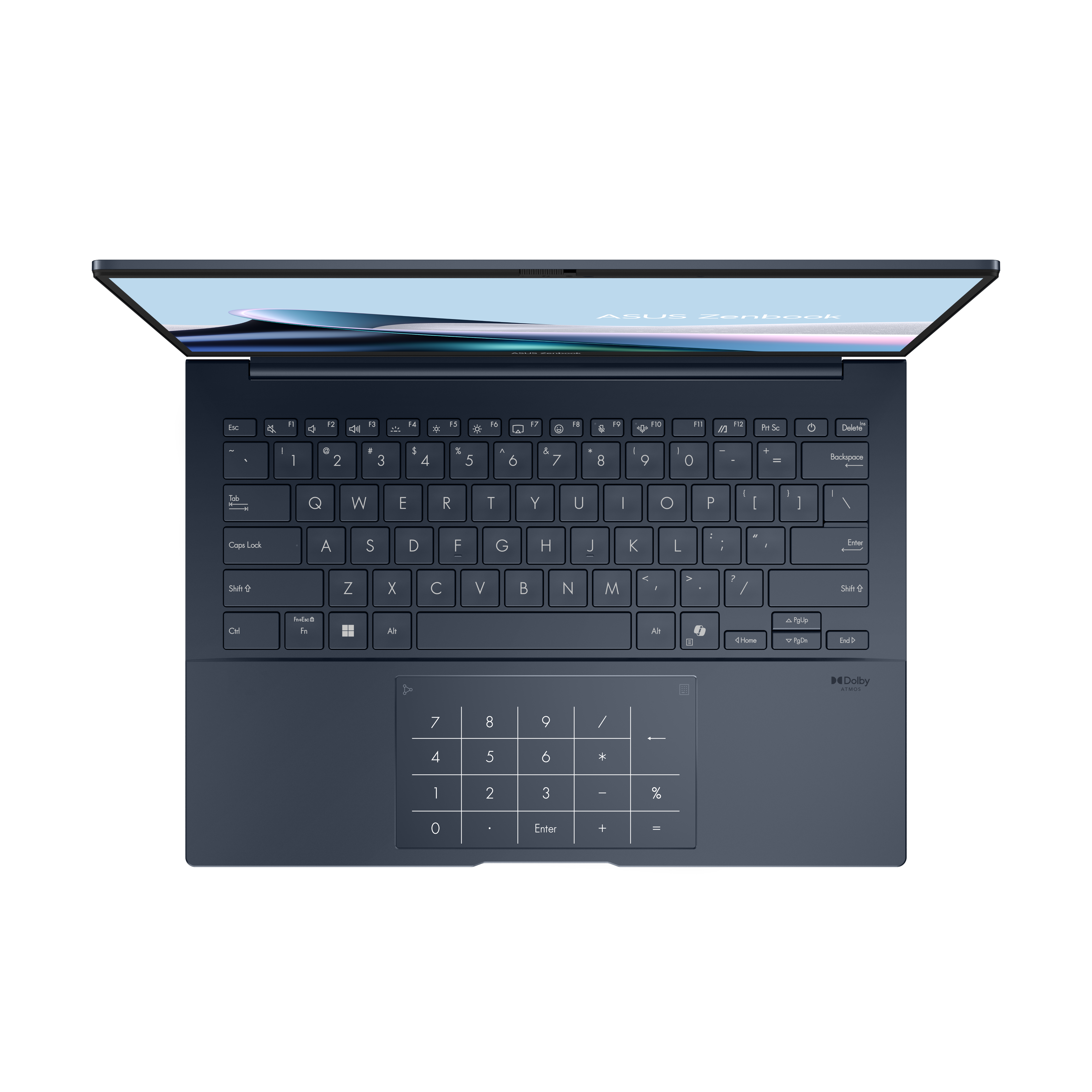 Een donkerblauwe Asus Zenbook laptop, open. Het toetsenbord is zichtbaar met een touchpad en een numeriek toetsenbord. Witte achtergrond.