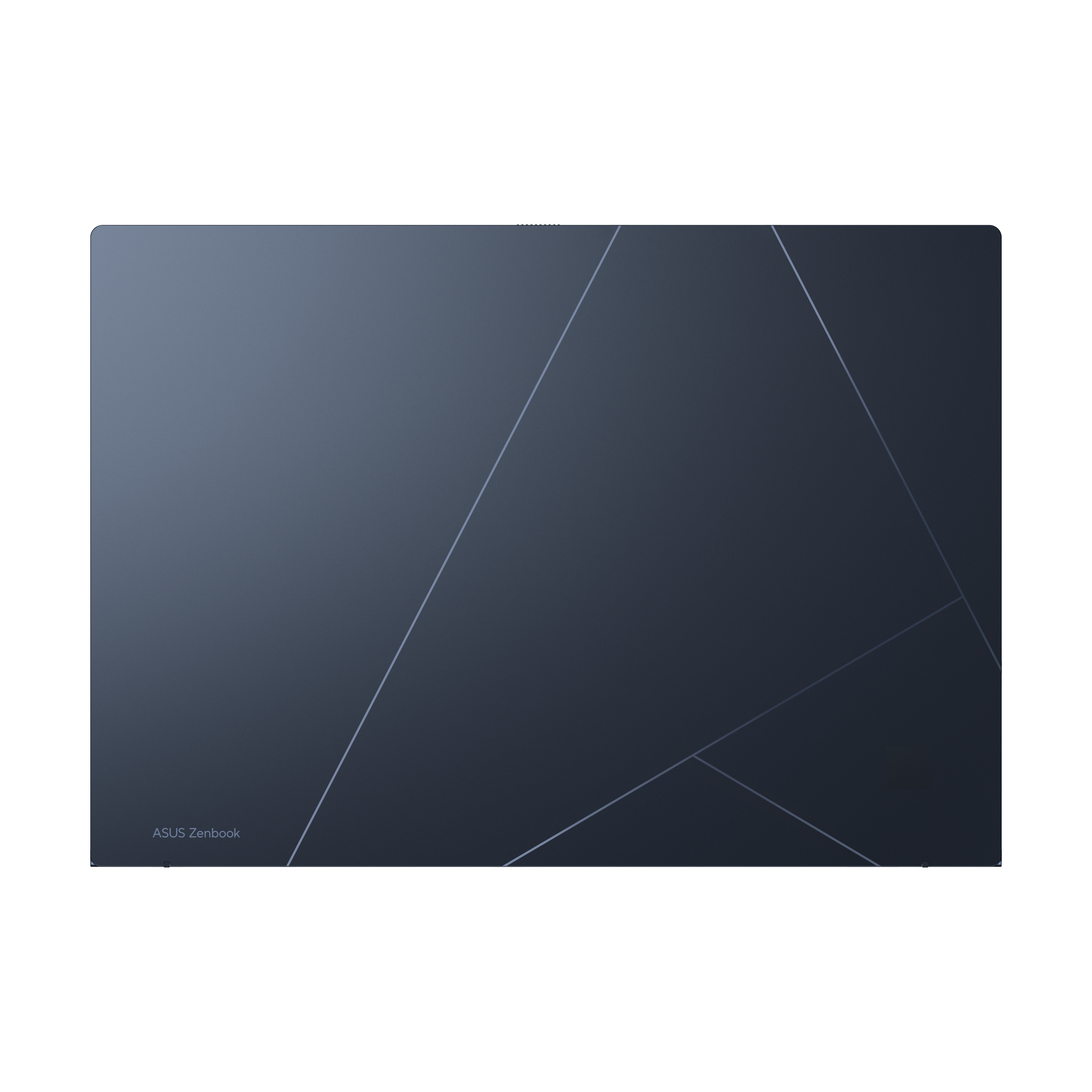 Een donkerblauwe laptop met geometrische lijnen. Het ASUS Zenbook logo staat linksonder.