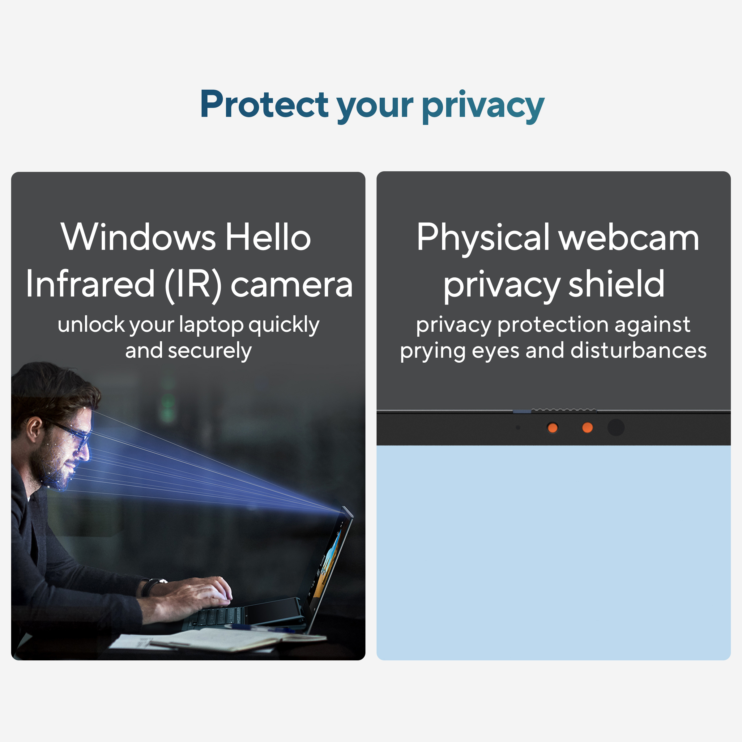 Afbeelding toont privacybescherming. Een man gebruikt een laptop met infraroodcamera. Daarnaast is een webcam privacy shield te zien.