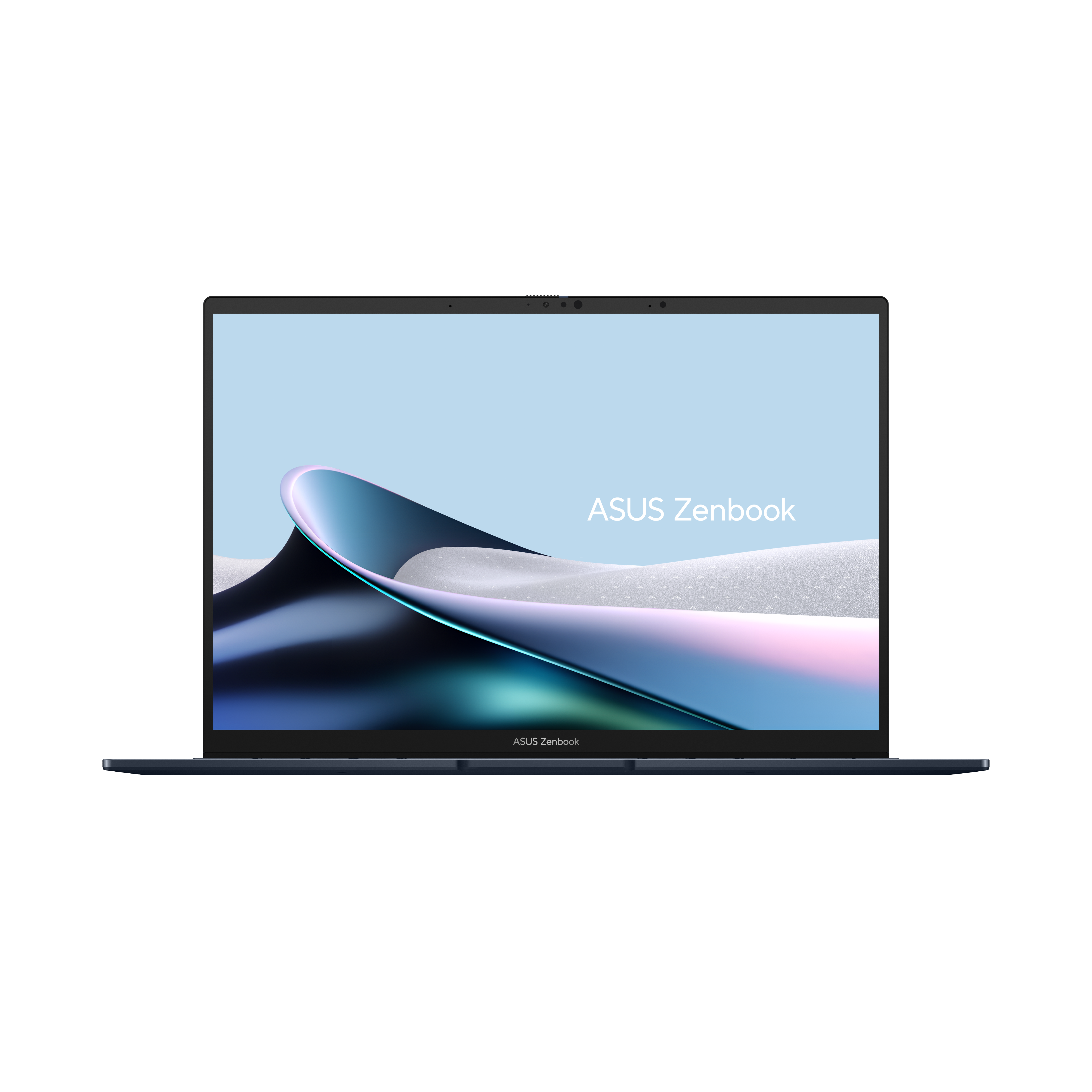 Een gesloten ASUS Zenbook laptop op een witte achtergrond. Het scherm toont een blauw en zilver abstract ontwerp.