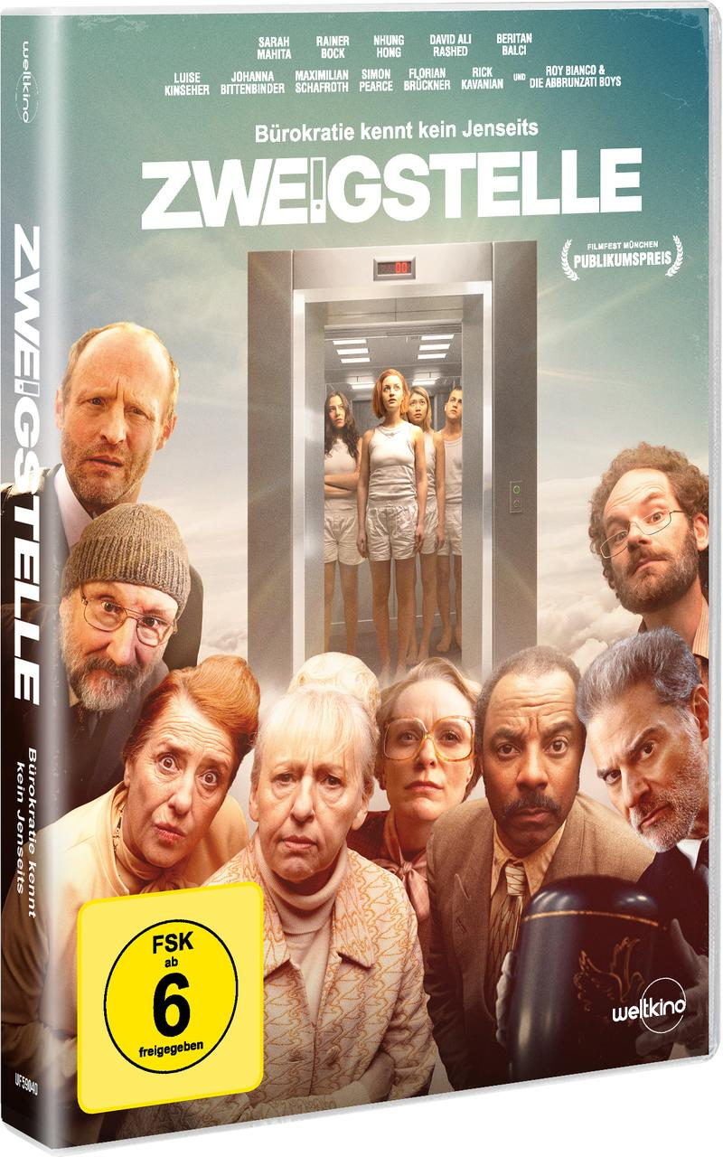 Filmposter mit verschiedenen Gesichtern, die eine zentrale Aufzugszene umgeben; Titel 'ZWEIGSTELLE' und Schauspielernamen sind sichtbar.
