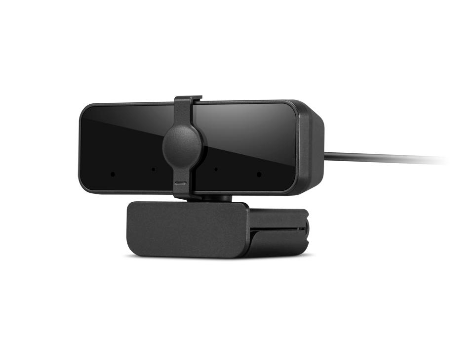 Eine schwarze Webcam mit schwarzem Ständer vor weißem Hintergrund. Die Webcam hat ein Objektiv und einen Clip-On-Aufsatz.